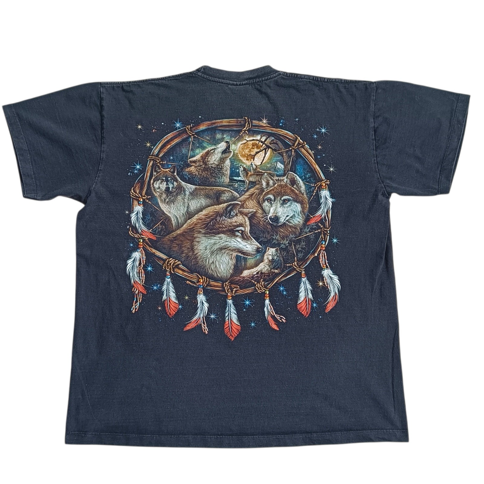 Vintage WILD Wolf T-Shirt XL Black 90s Y2K Double Sided Dreamcatcher Moon Tee