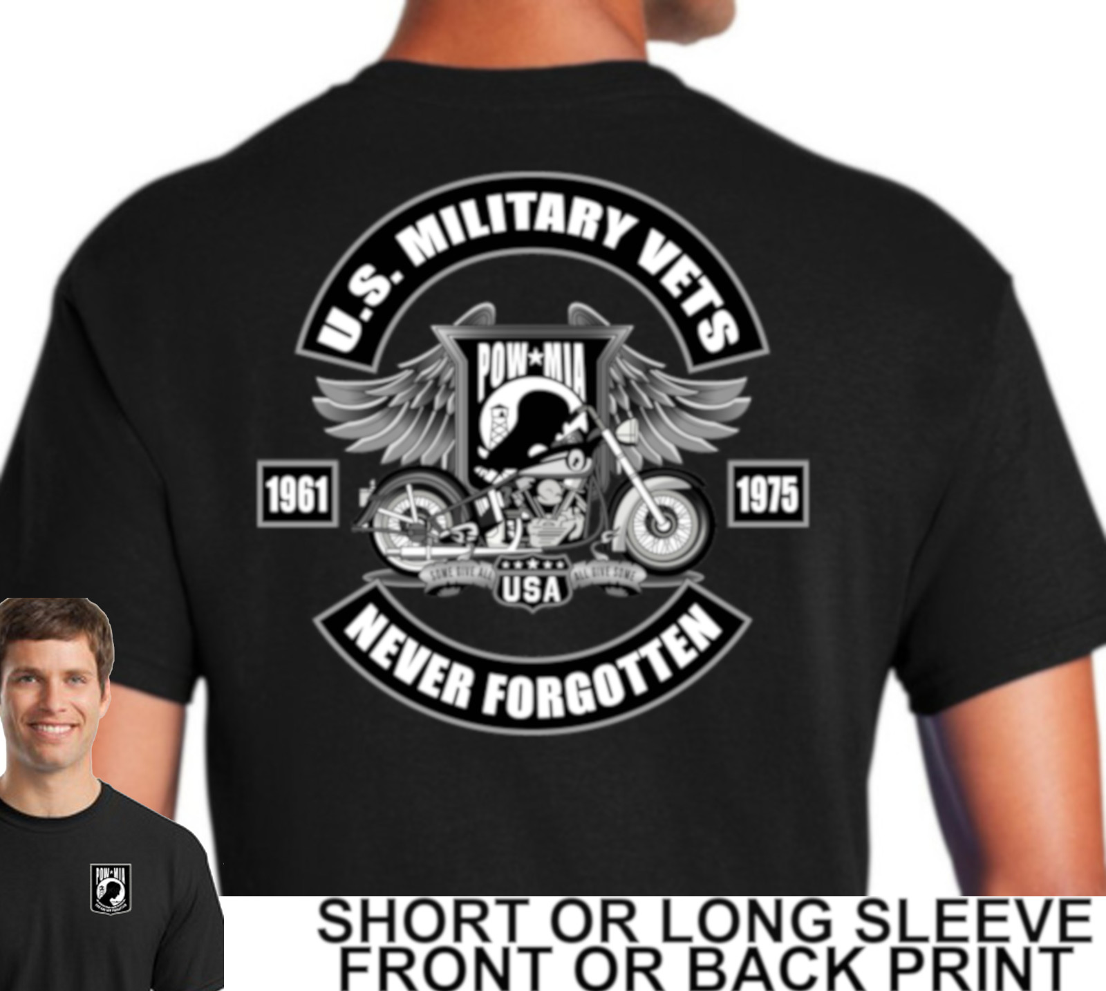 Biker POW MIA U.S. Military Vets Never Forgotten Classic Motorcycle Mens T Shirt