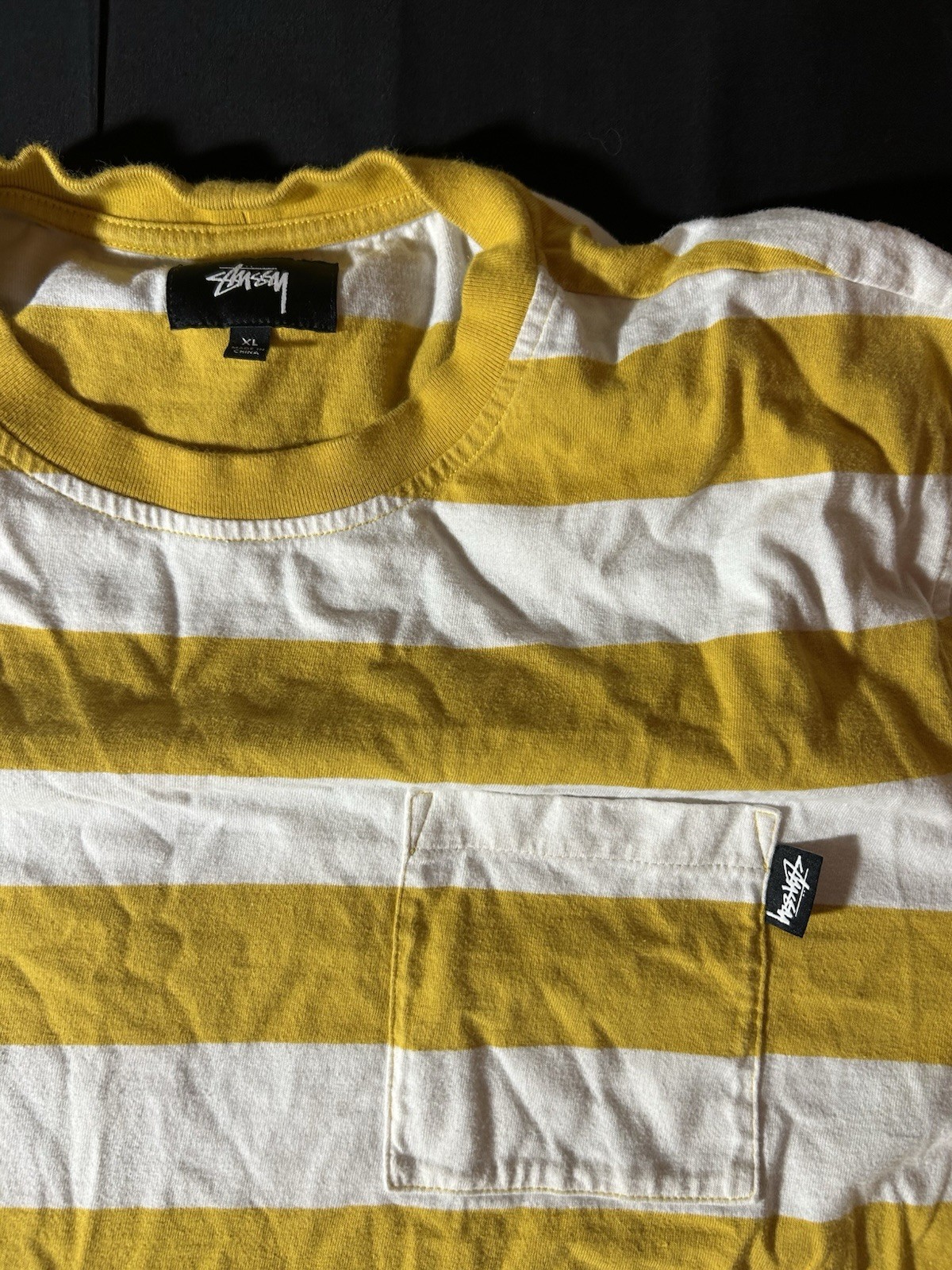 Stussy Yellow White Striped Pocket Logo Cotton Knit T-Shirt Men&rsquo;s XL