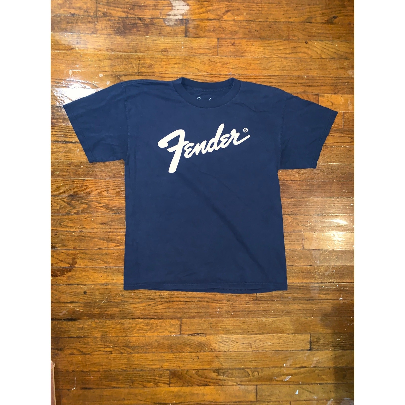 Fender Logo T Shirt Mens Large Fits Medium Navy Blue Guitar Music Rock Tee