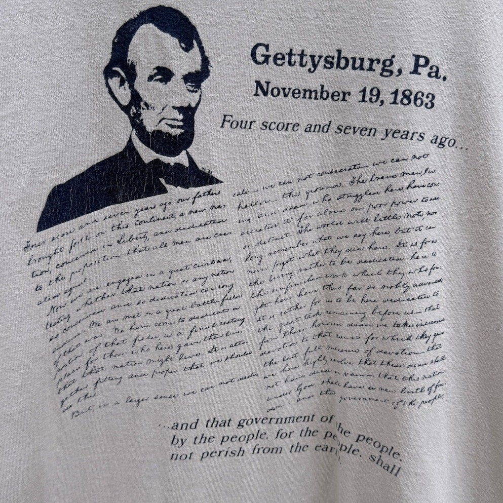 Abraham Lincoln Gettysburg Address Vintage history tan t-shirt Size Large