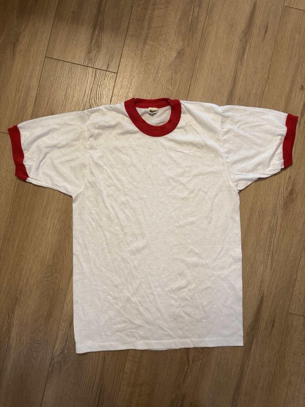 Vintage 80s Single Stitch Ringer T Shirt White Red NEW/OLD Stock Single Stitch