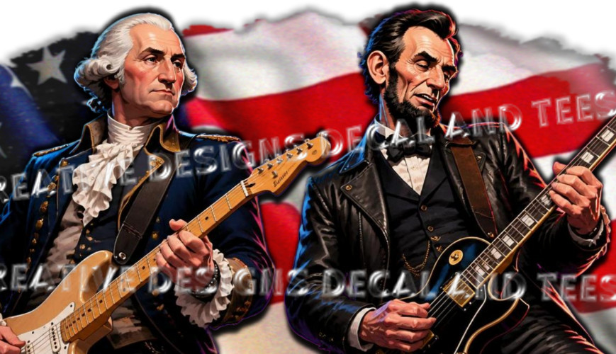 Abraham Lincoln and George Washington Playing Guitar America&rsquo;s 4th 250th T-Shirt