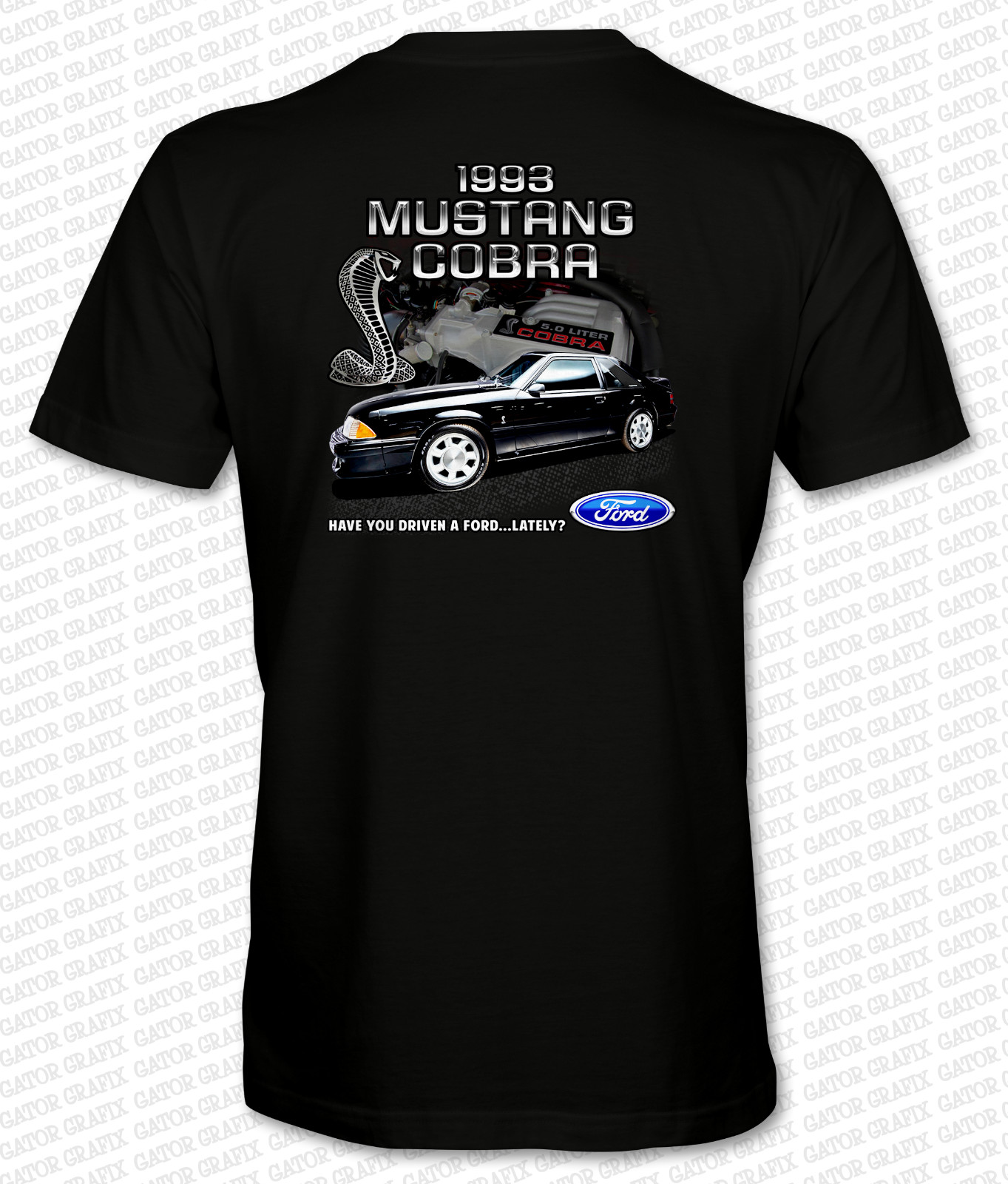 1993 FORD SVT MUSTANG COBRA Full Color DTG PRINTED T-Shirt BLACK, RED & TEAL