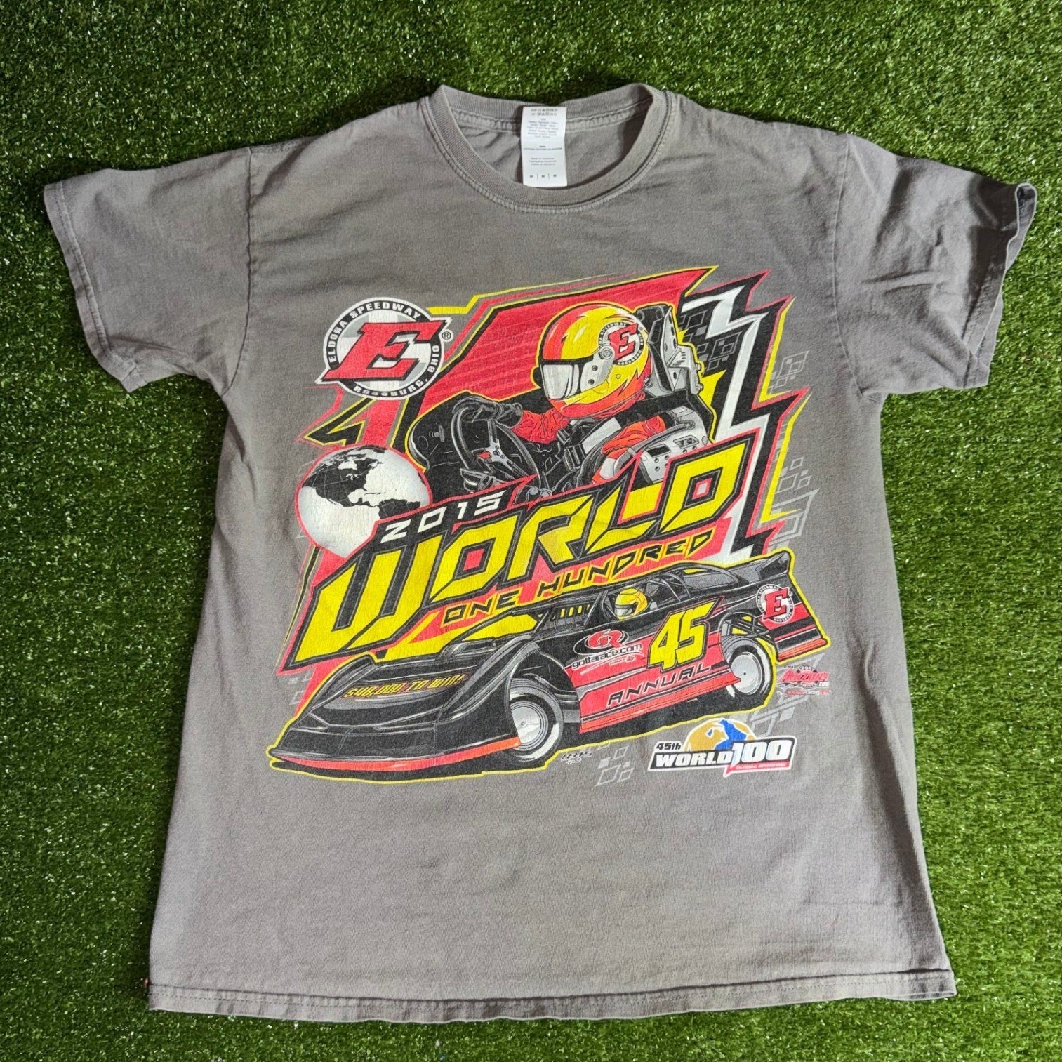 Gildan Eldora Speedway 2015 World 100 Racing T-Shirt Mens Medium Gray Dirt Track