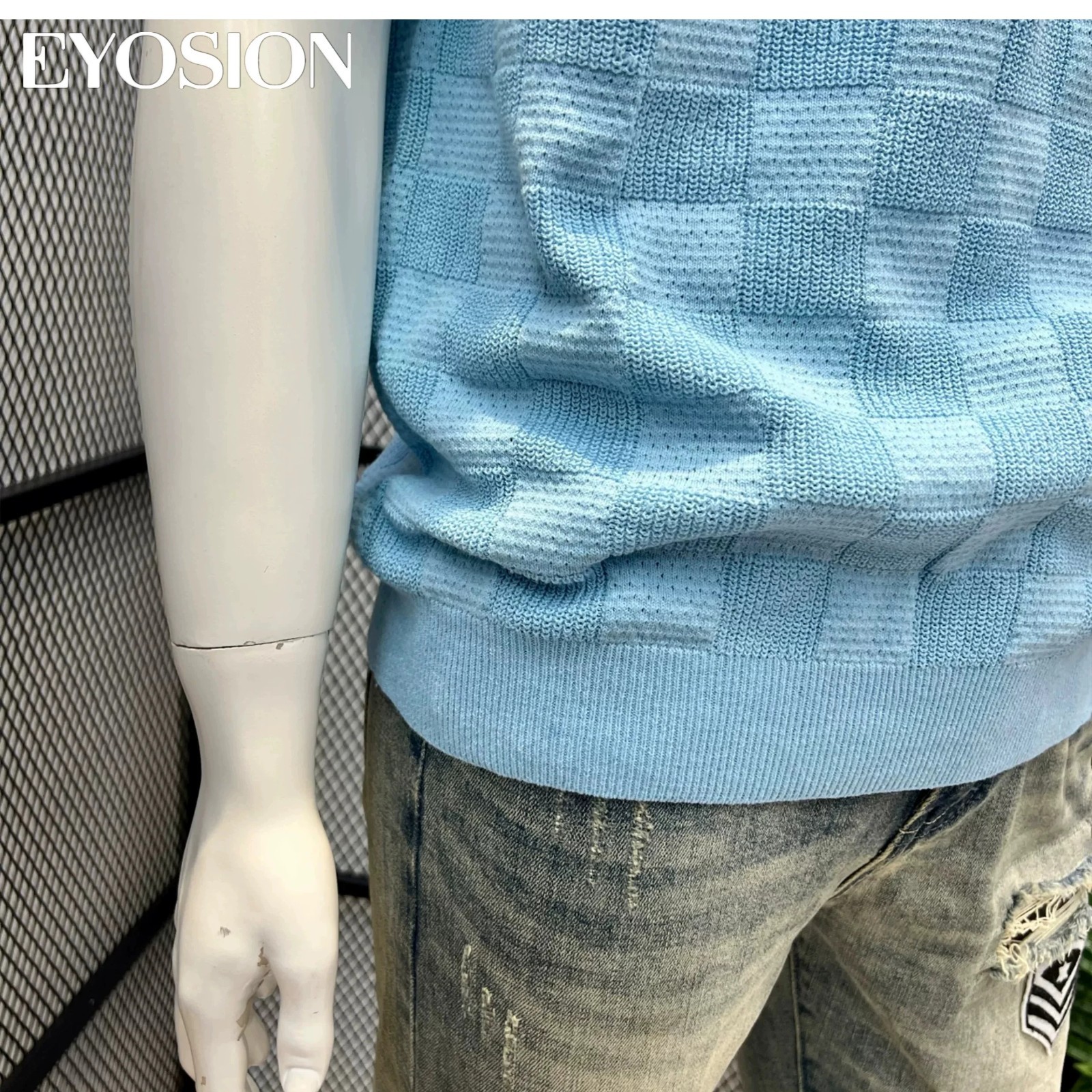 Men Knit Sweater Crewneck T-Shirt Plaid Checkered Casual Short Sleeve Tee Top