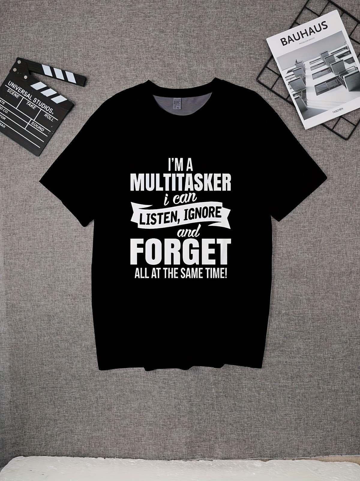 Men&rsquo;s Black Funny Multi-Tasking Graphic T-Shirt, Casual Summer Crew Neck Tee