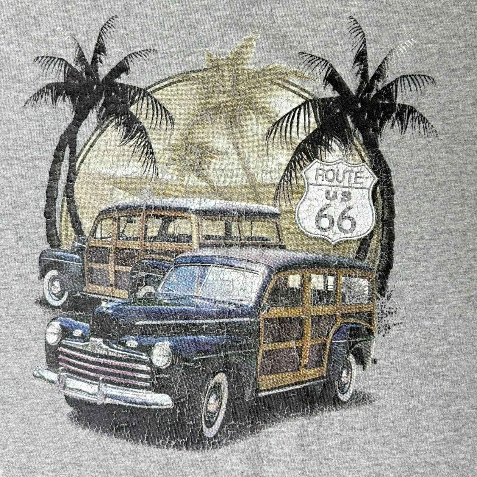 Route 66 Men&rsquo;s Graphic T Shirt 3XL Gray Vintage Style Car Palm Tree Distressed
