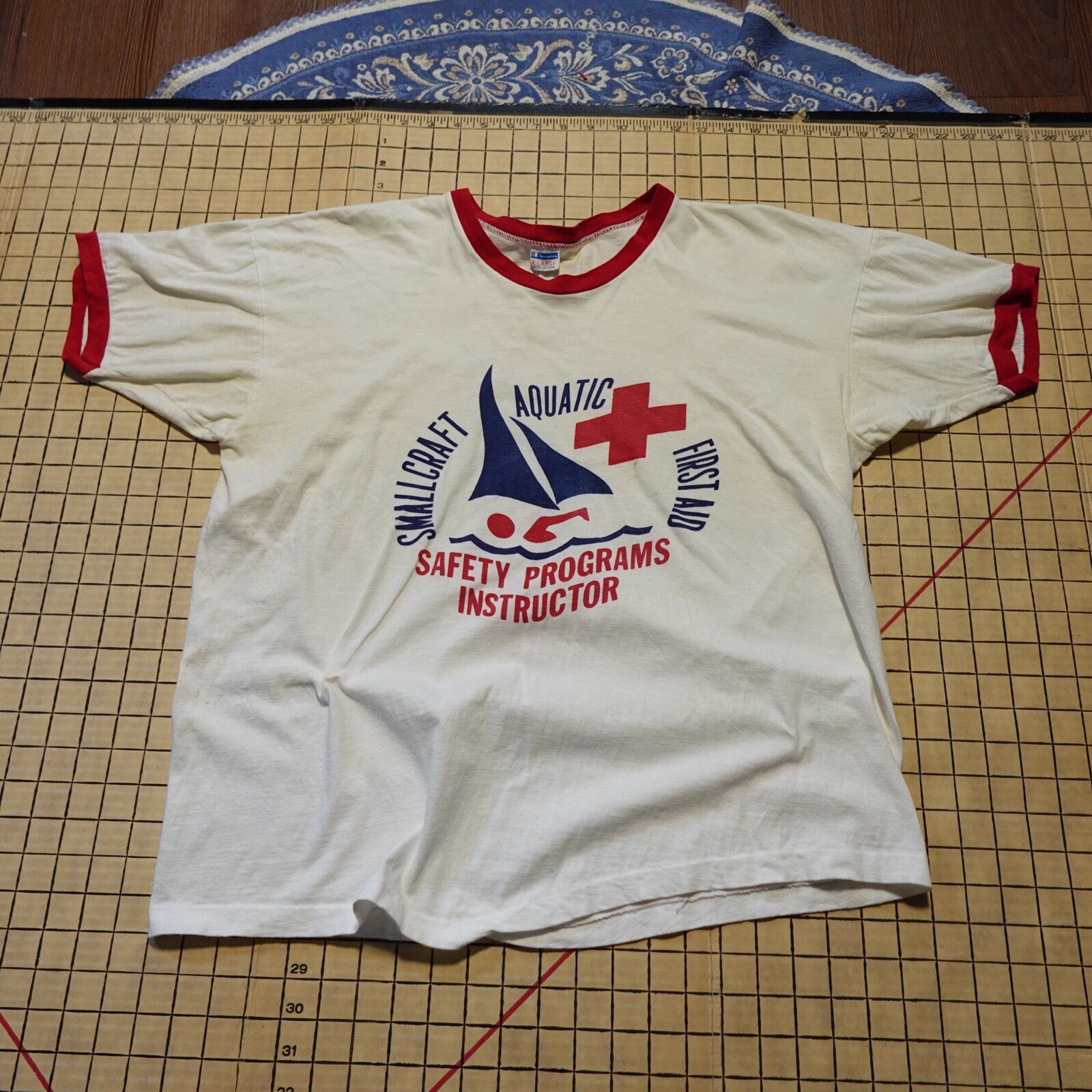 Vintage 1970s Champion Blue Bar Ringer T Shirt sz Large Aquatic First Aid