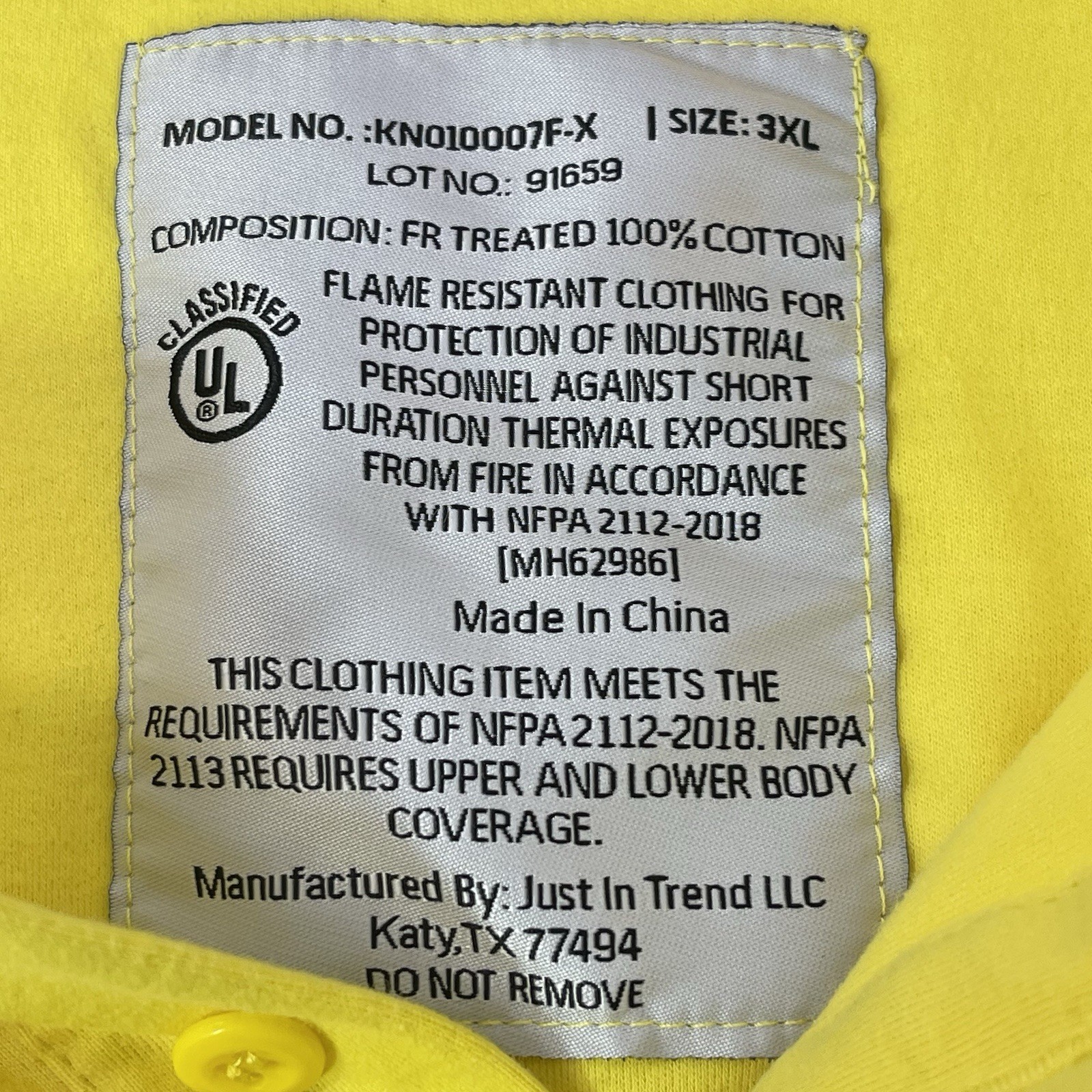 Just In Trend 3XL Men’s Safety Yellow FR Long Sleeve T-Shirt 100% Cotton