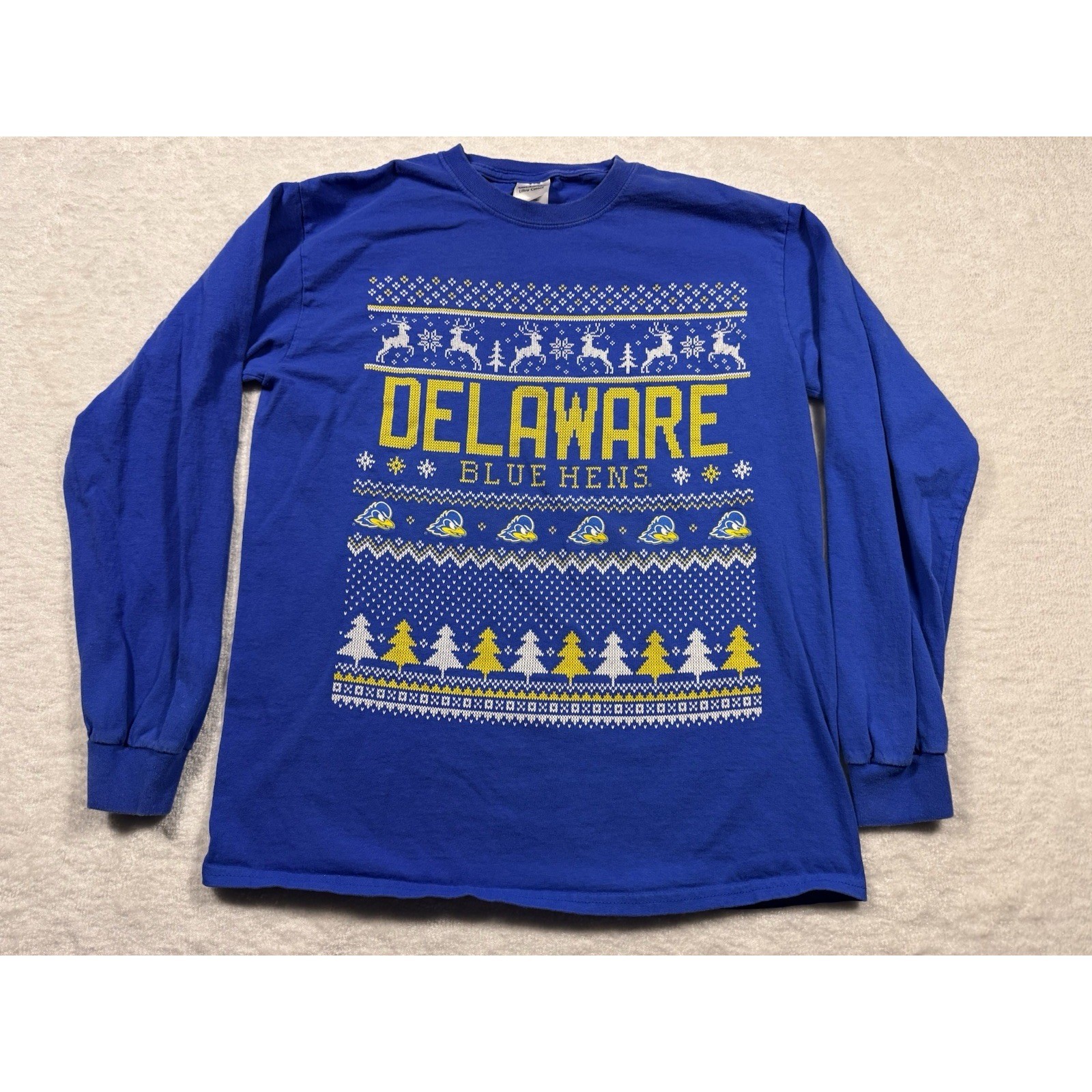 Gildan Delaware Blue Hens Long Sleeve T-Shirt Mens M Ugly Sweater Blue Cotton