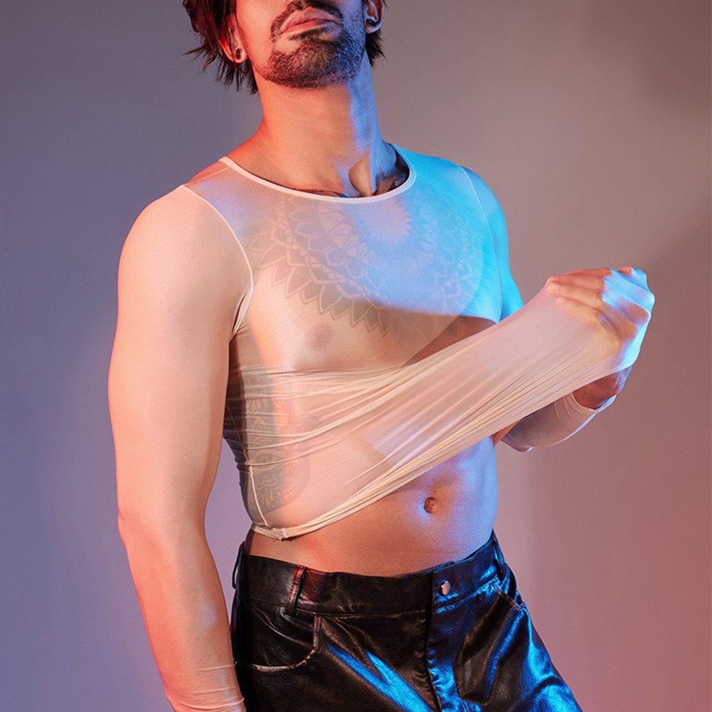 Sexy Lingerie Men&rsquo;s Oil Shiny Long Sleeve Sheer Tights O Neck Top Shirt