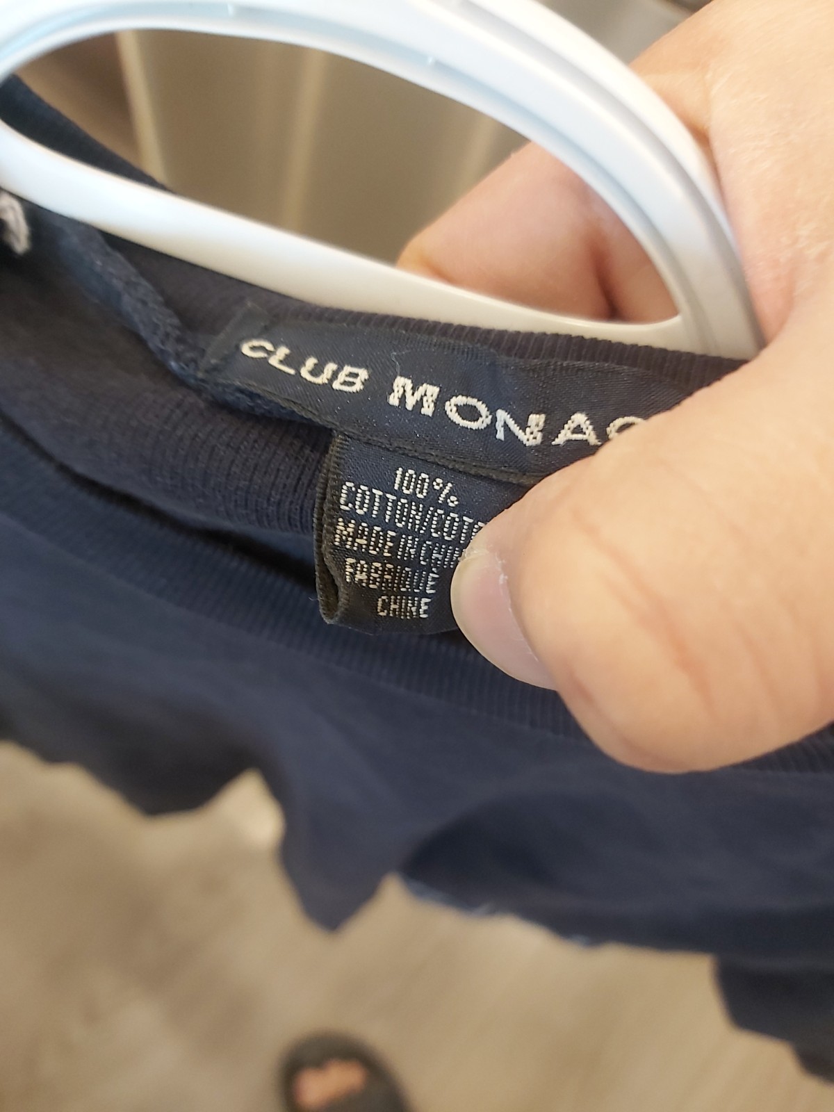 Club Monaco Slim Fit Black Tee Shirt With White Stripes On Shoulder And Side