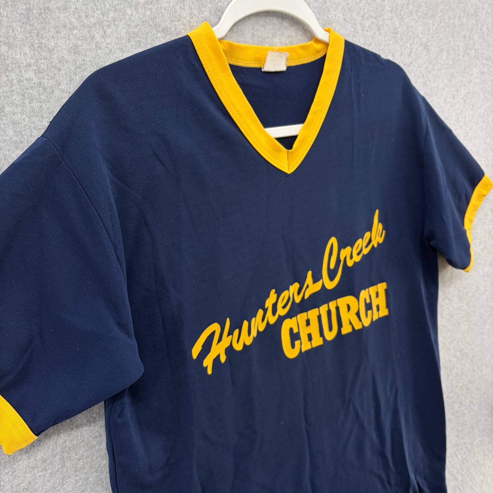 Vintage Don Alleson Hunters Creek Church Shirt Mens XL Blue Jersey 20 V Neck