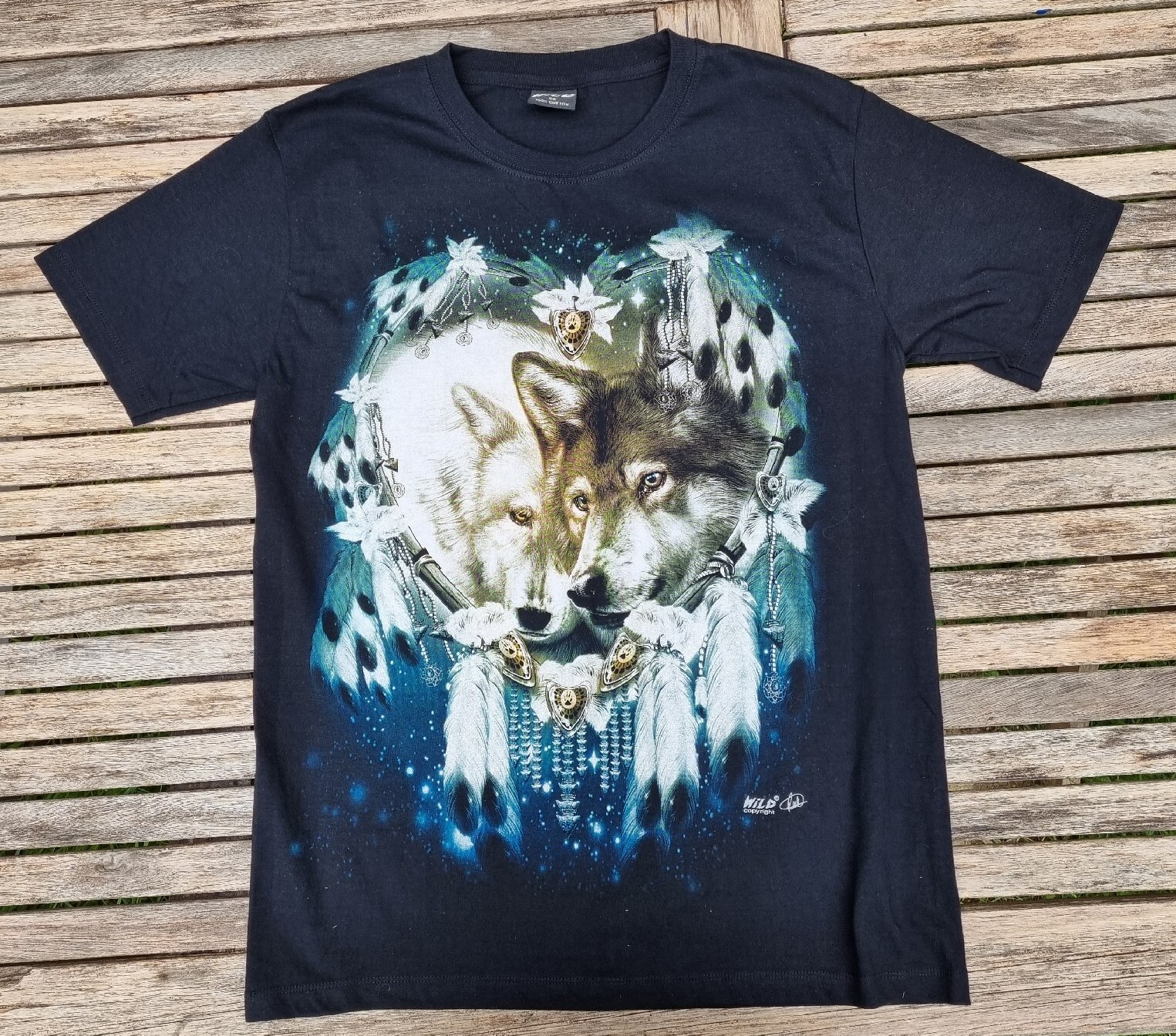 Wild Wolf Dream Catcher Print Graphic T-Shirt Size M Print Back & Front Glitter