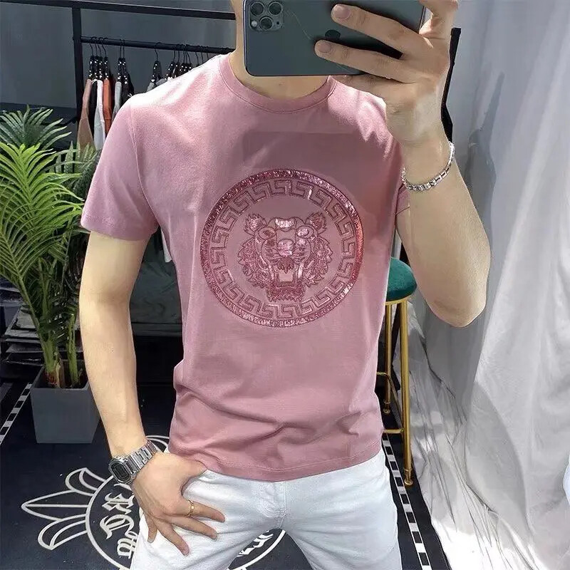 New Men Luxury Tiger Rhinestones Fashion Black White Pink T-Shirt High Quality