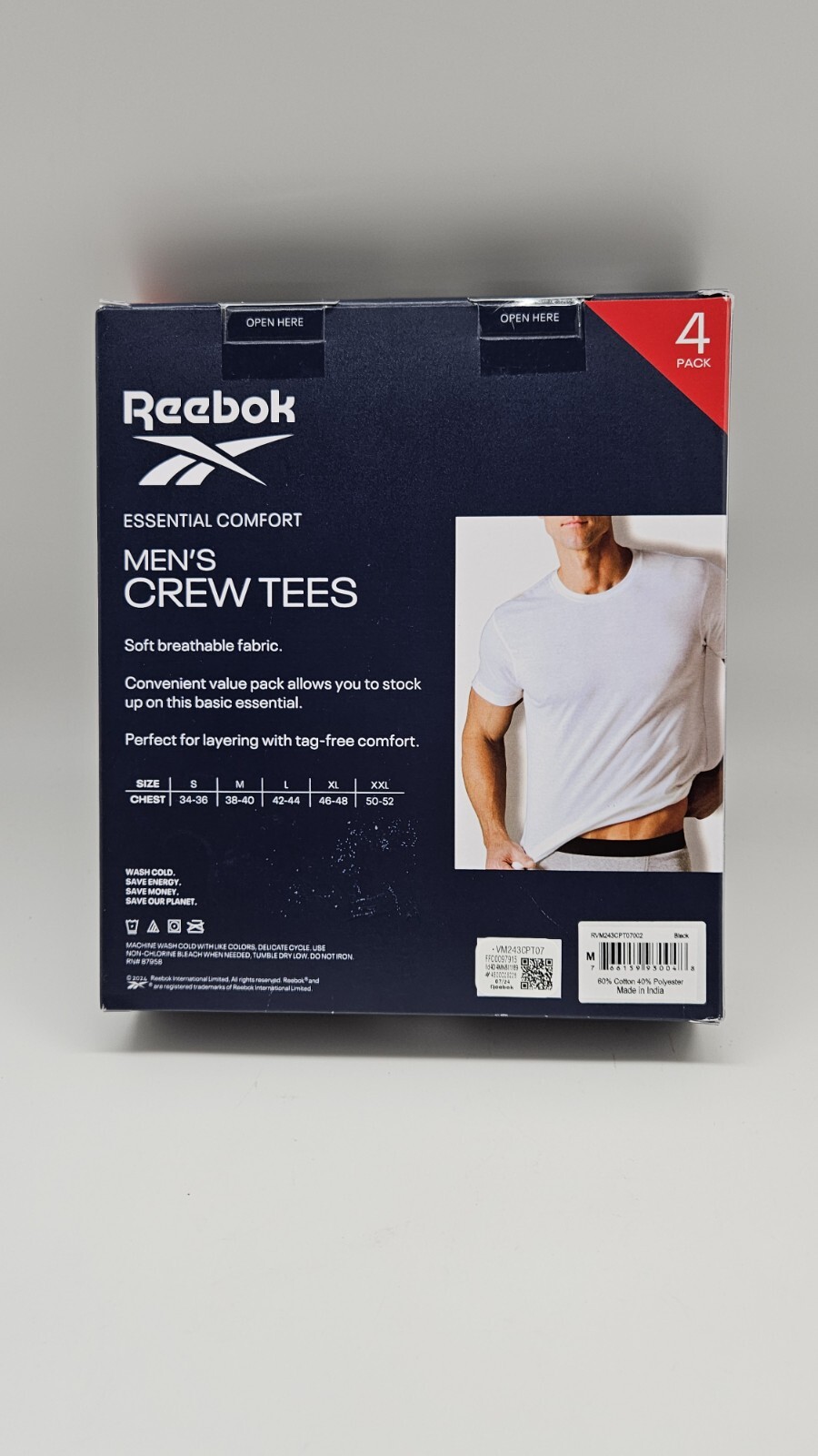 4 Pk REEBOK Comfort Men&rsquo;s M L XL Black Crew Neck Tag-Free Cotton Blend T Shirts