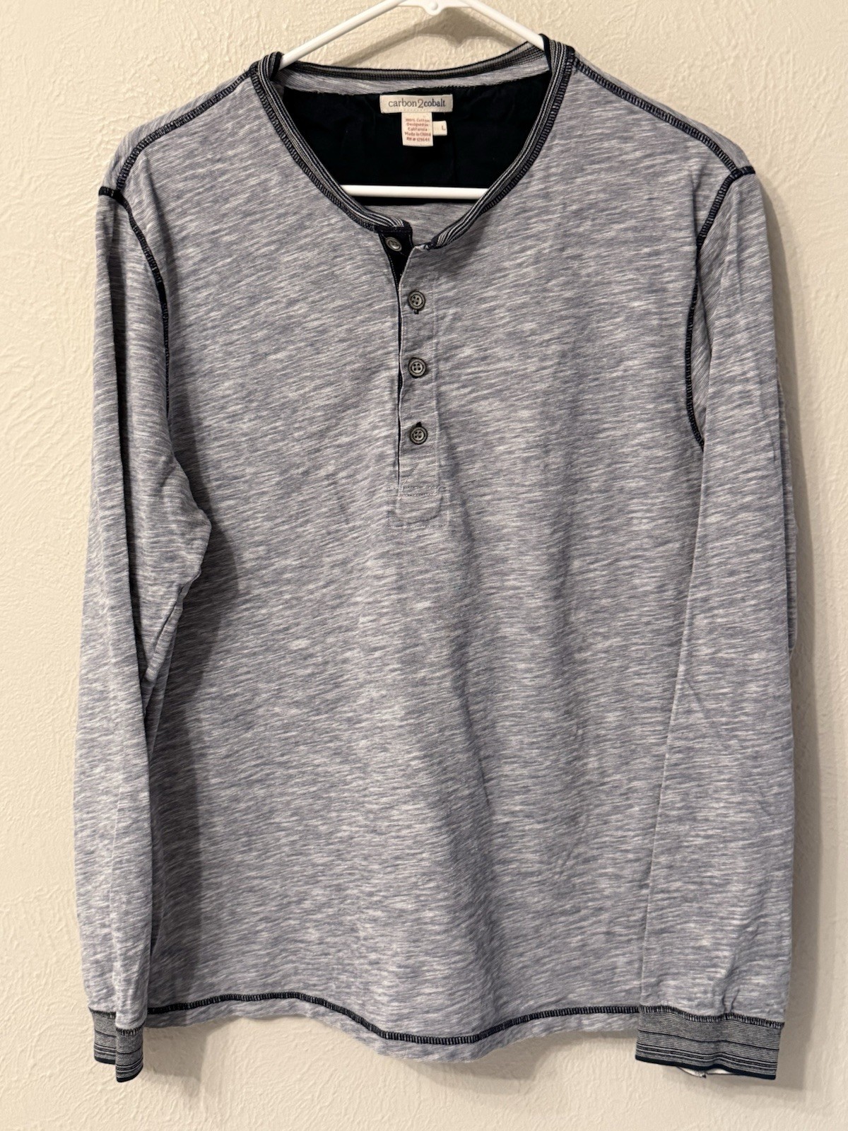 Carbon 2 Cobalt Henley men&rsquo;s L heather blue cotton long sleeve