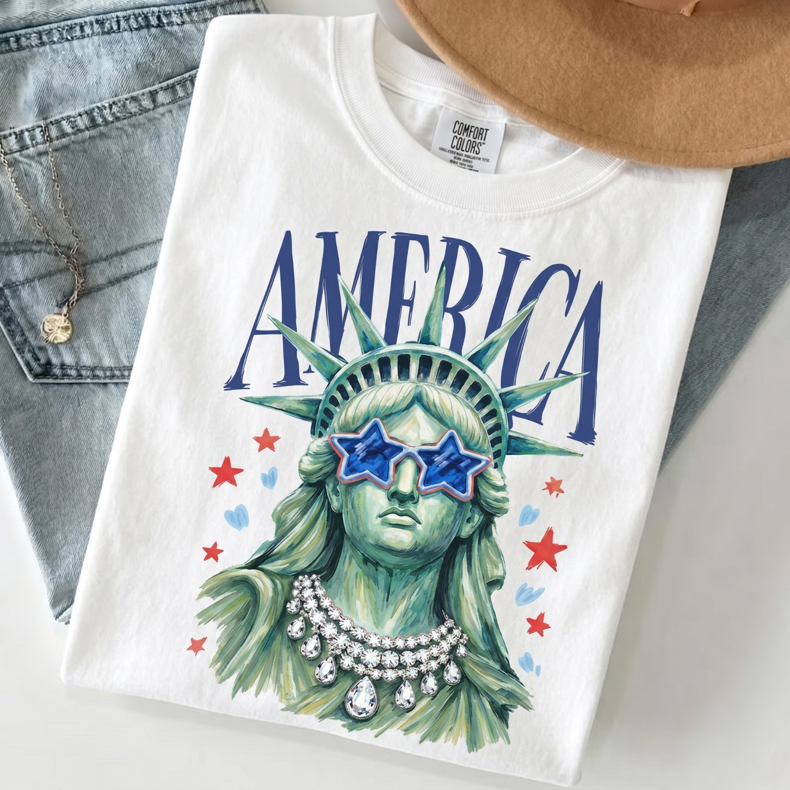 Statue of Liberty Printed Retro Style T-Shirt America Flag Graphic Tee
