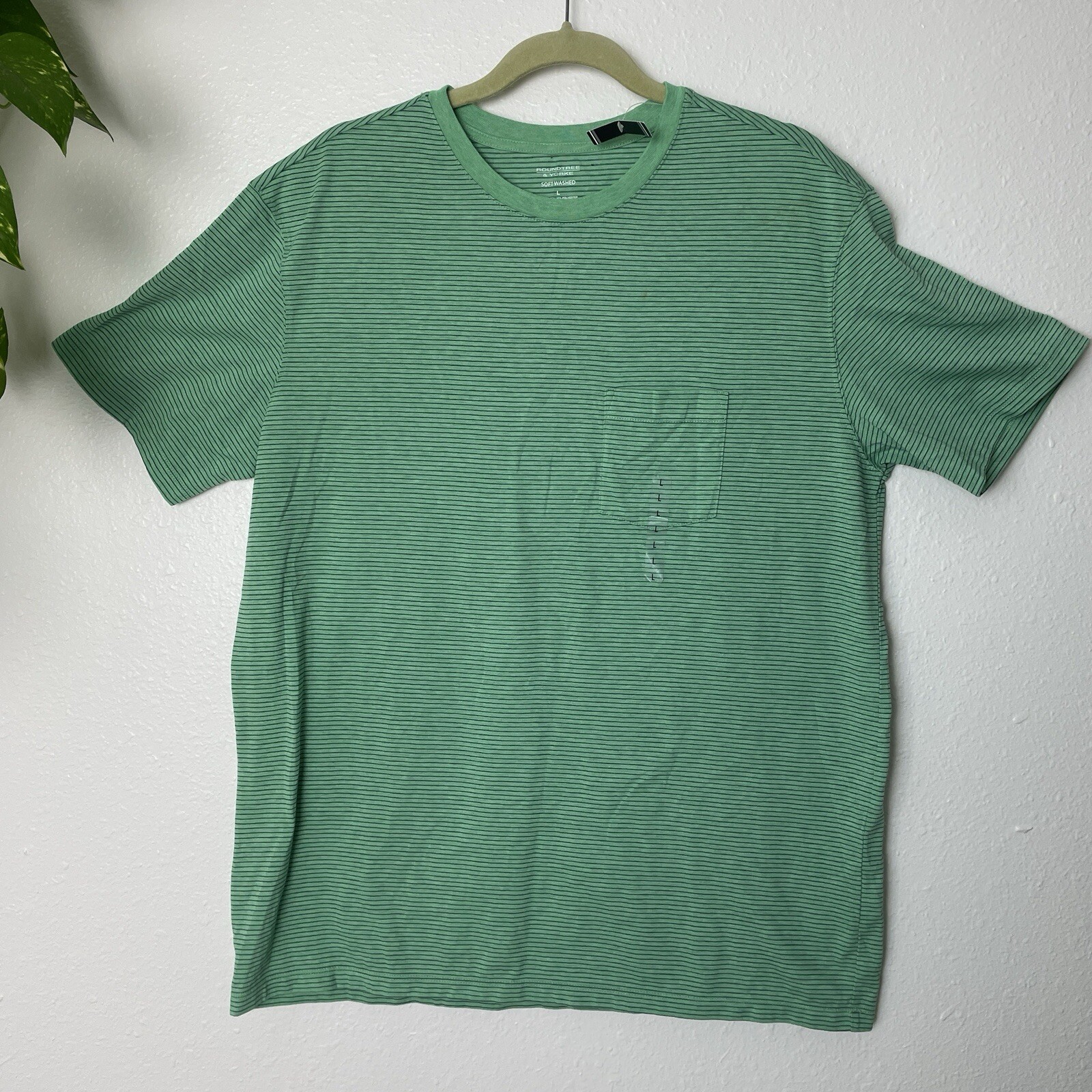 Roundtree & Yorke Men&rsquo;s Shirt L Green Stripe Short-Sleeve Crew Soft-Washed NEW
