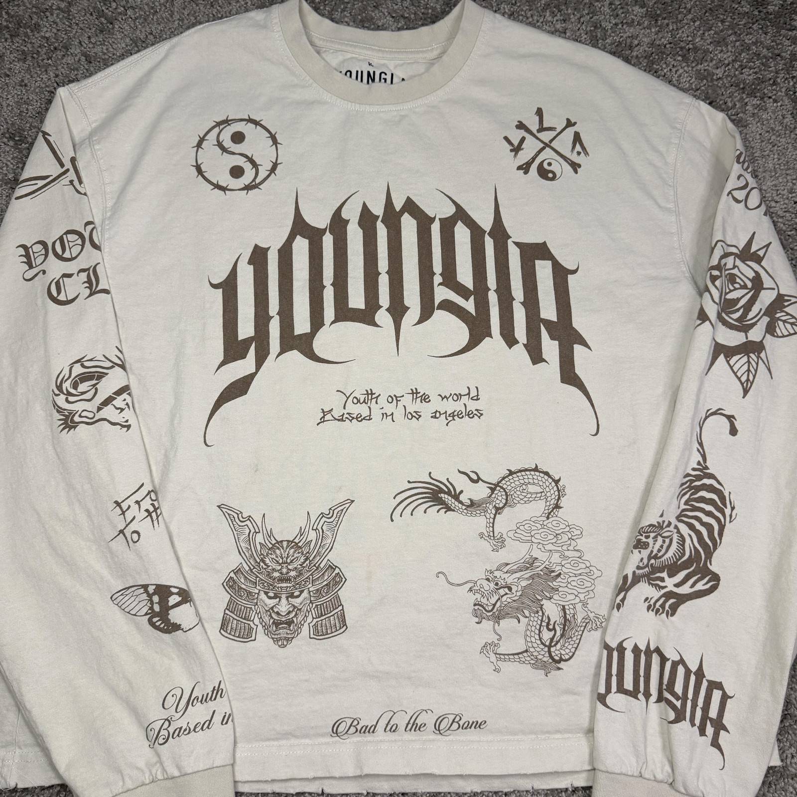 YoungLA Shirt Mens Medium Off White Long Sleeve Graphic Crewneck Tagless Cotton