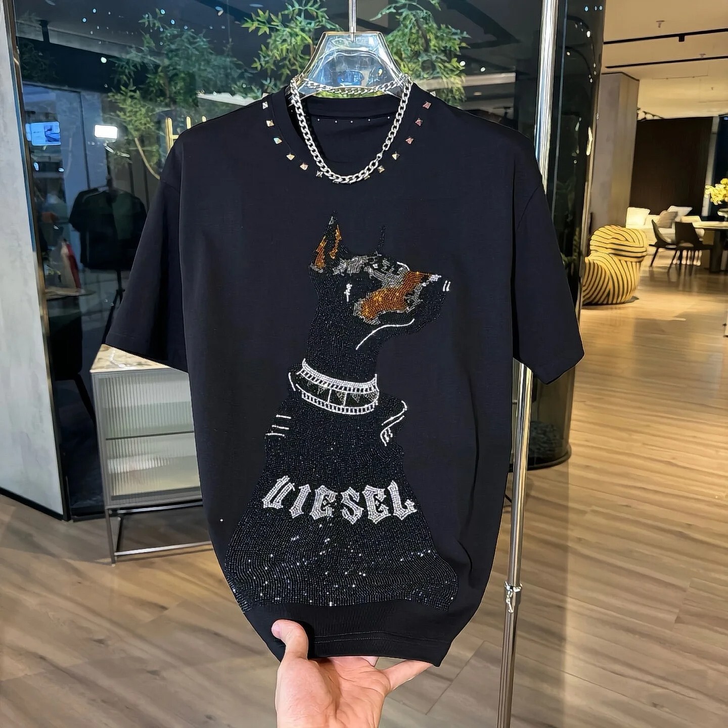 New Men Fashion Diamond Dog Rhinestones Luxury T-Shirt High Quality 3 Colors