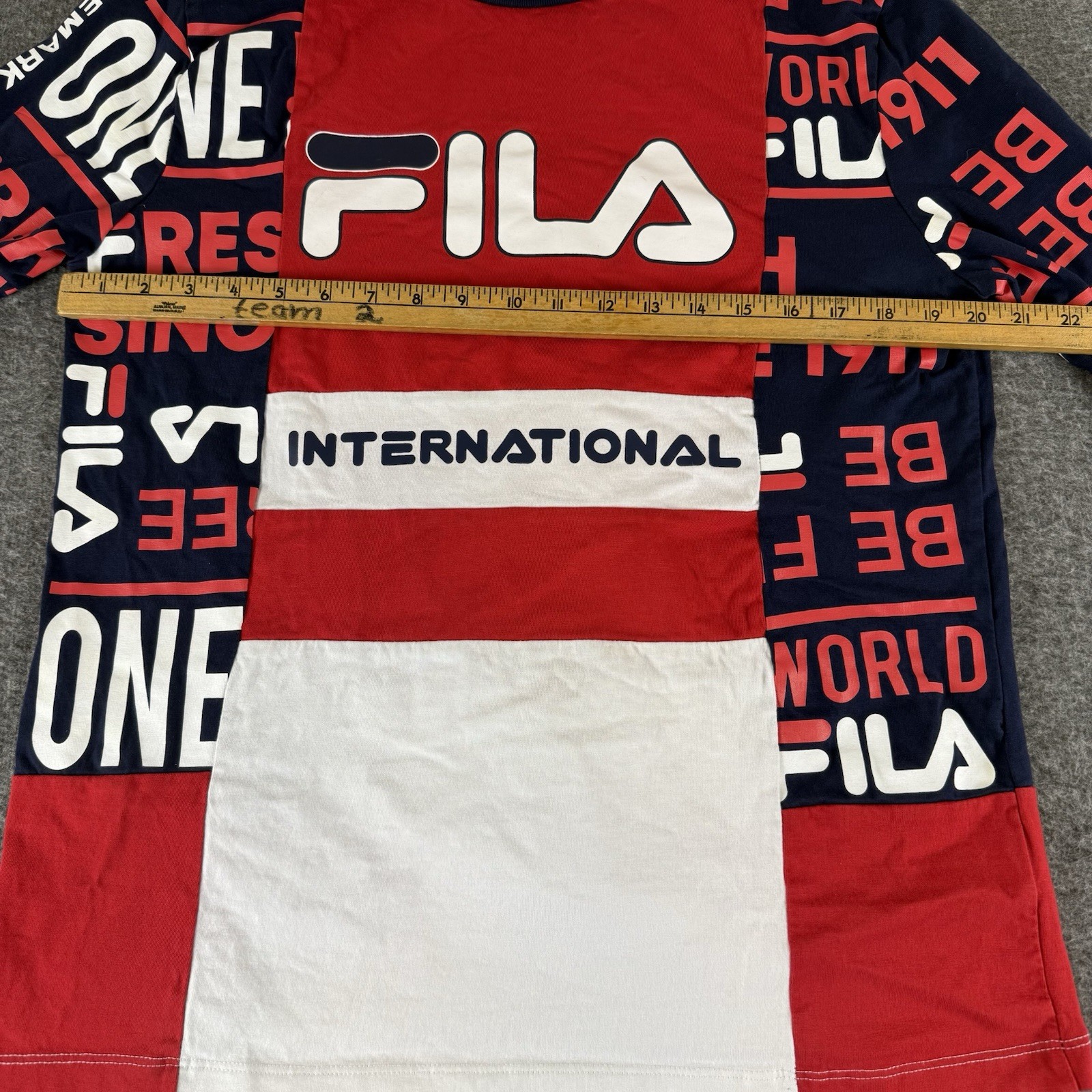 FILA International Logo Long Sleeve Shirt Red White Blue Men’s L (fits like a M)