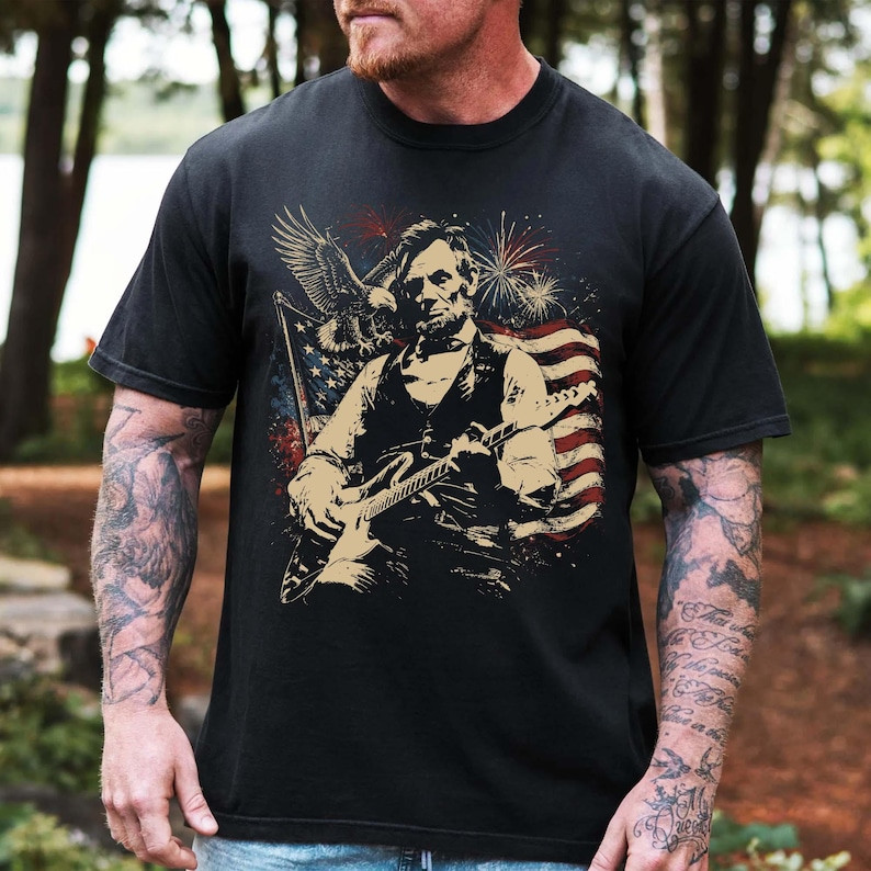 Abraham Lincoln Playing Guitar Shirt America 250th Anniversary Patriotic Tee