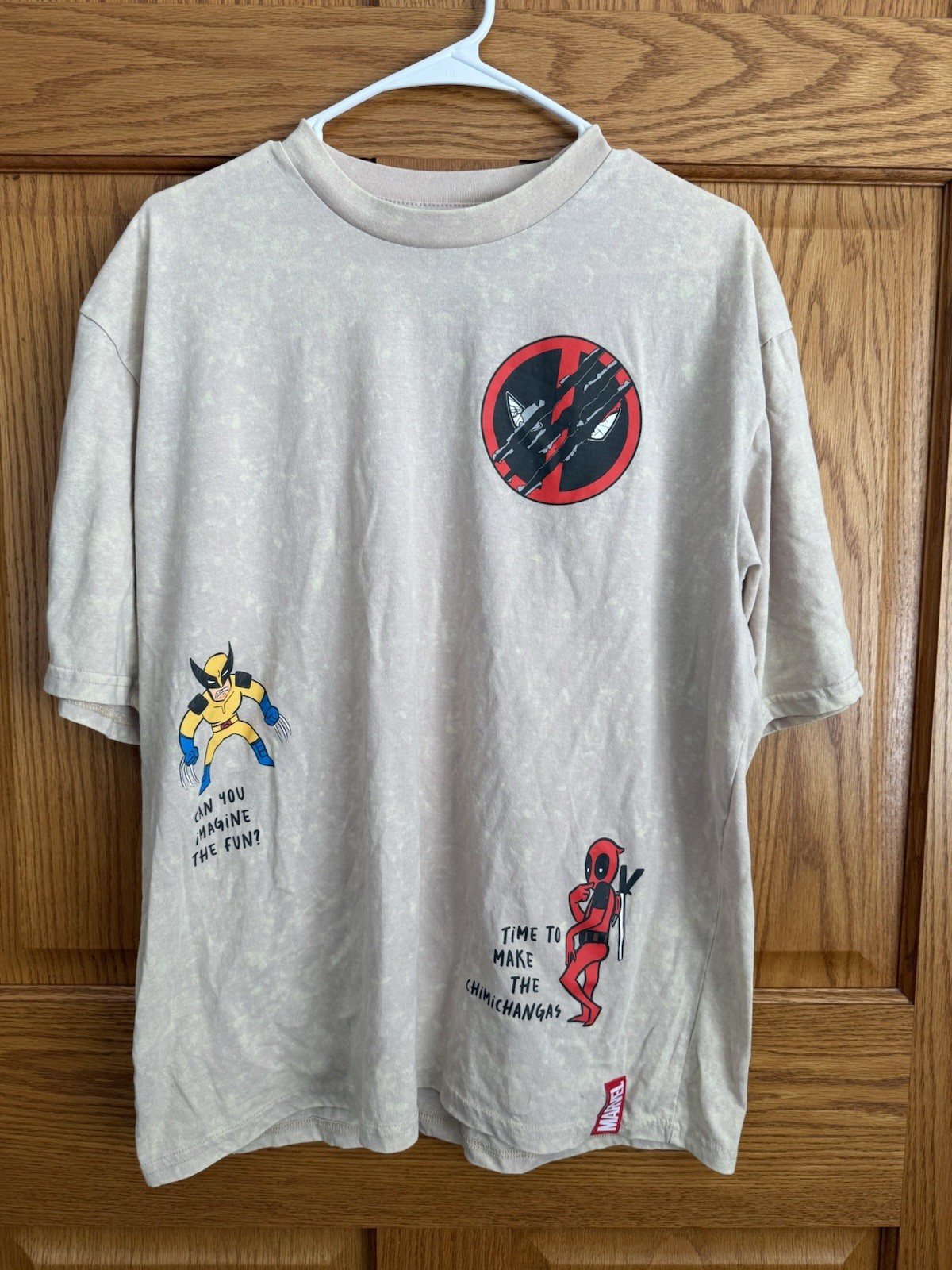 Marvel Deadpool Wolverine Mens Tan T Shirt Comic Chimichangas 60/40 Cotton Poly