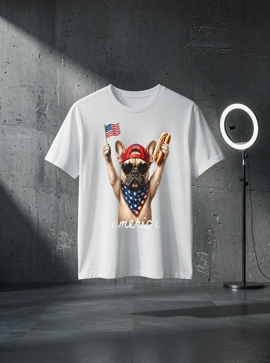 Unisex USA America French Bulldog Hot Dog 1776-2026 4th of July Graphic T Shirt