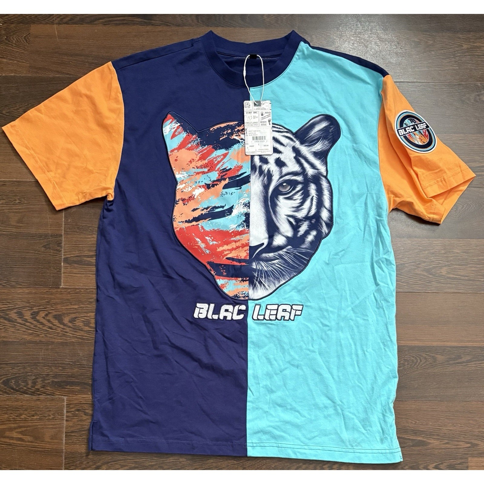 BLACK LEAF SPLIT TIGER SHIRT MENS SZ LARGE MULTI-COLOR