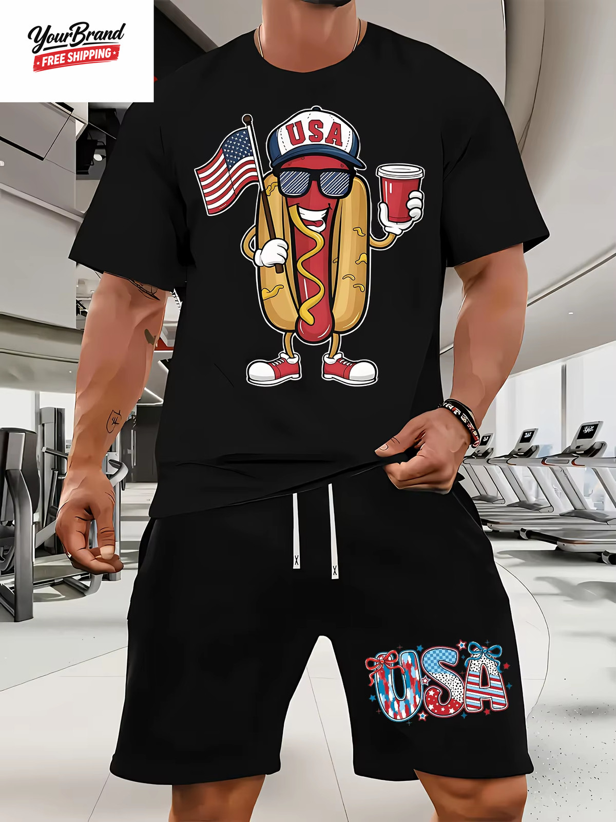 Fashion American Flag Graphic Print T-Shirt Shorts 2-Piece Set Casual Men&rsquo;S USA