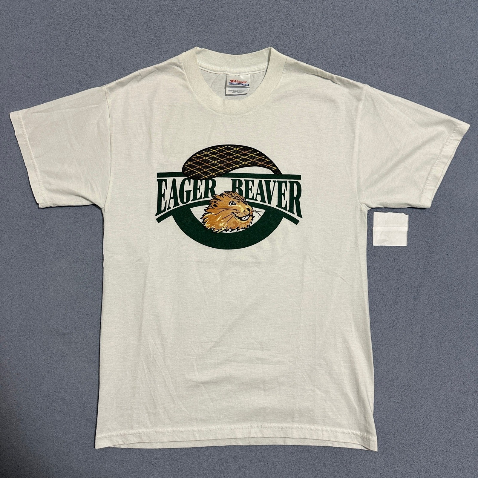 Hanes Heavyweight 50/50 Eager Beaver Graphic T-Shirt Short Sleeve White Mens S