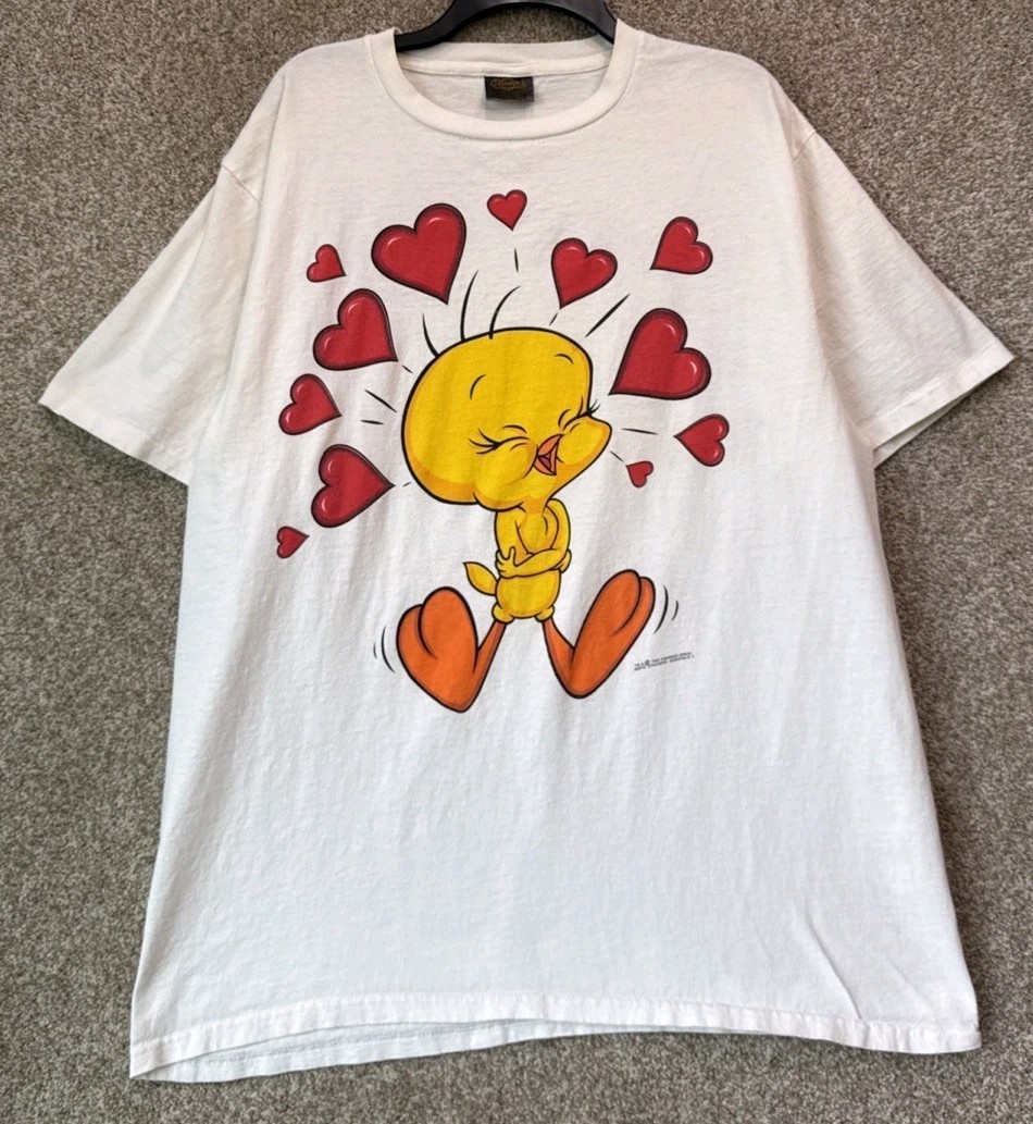 Vintage 90s Looney Tunes Tweety Bird Hearts Double Sided S/S T-Shirt Size XL USA