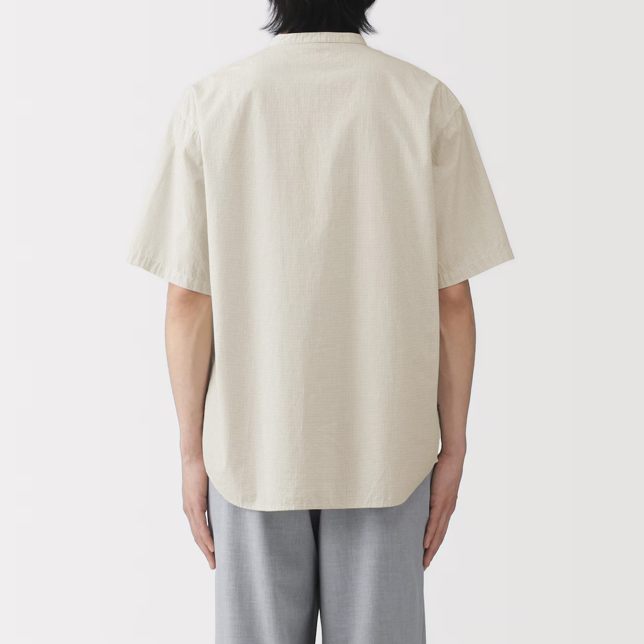 MUJI Mens 100% Organic Cotton Cool Touch Henley Neck T Shirt Gray Check FedEx