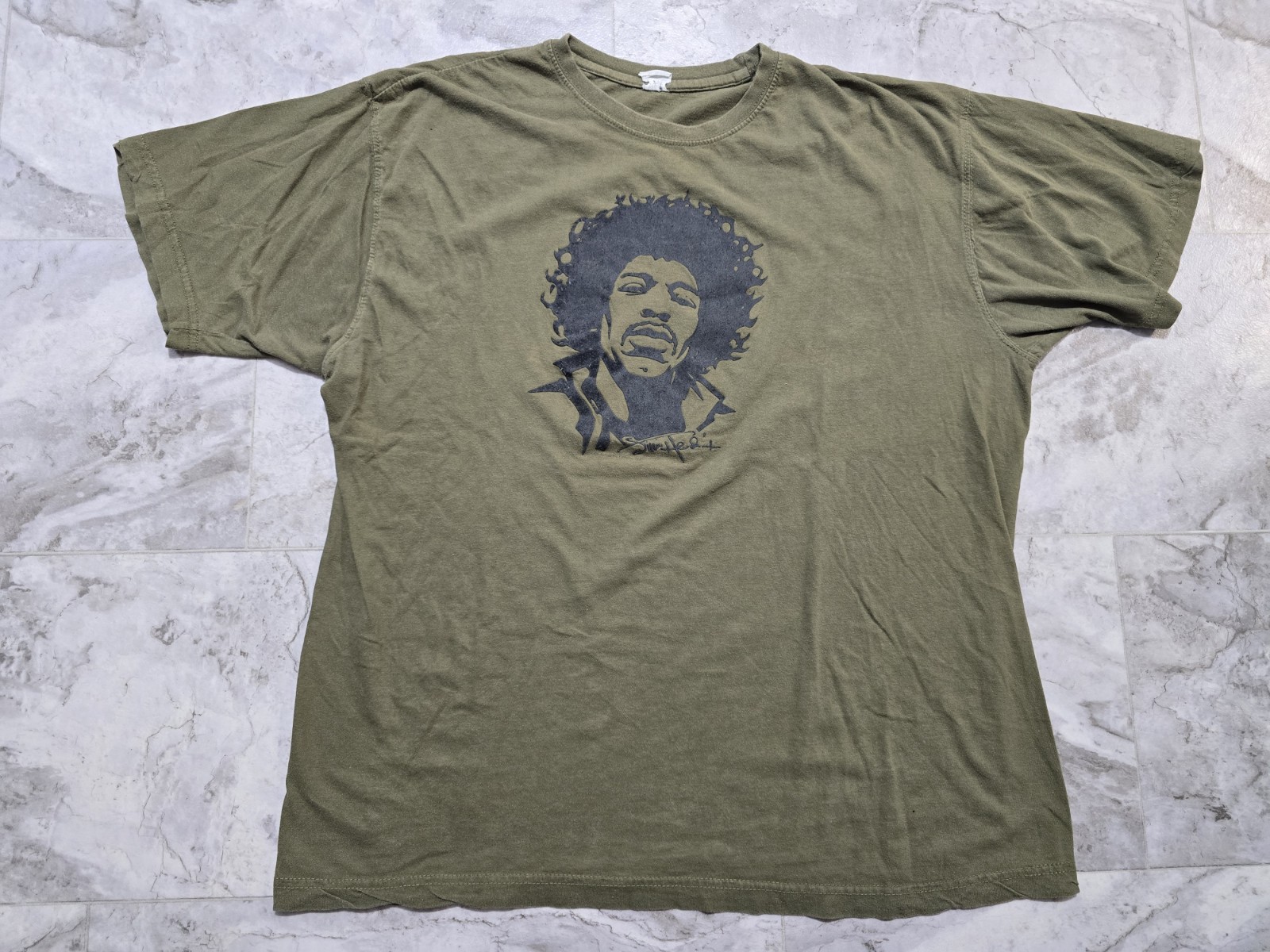 Vintage Jimi Hendrix T-Shirt Mens Sz L Olive Green Fuzzy Felt Graphic 2006