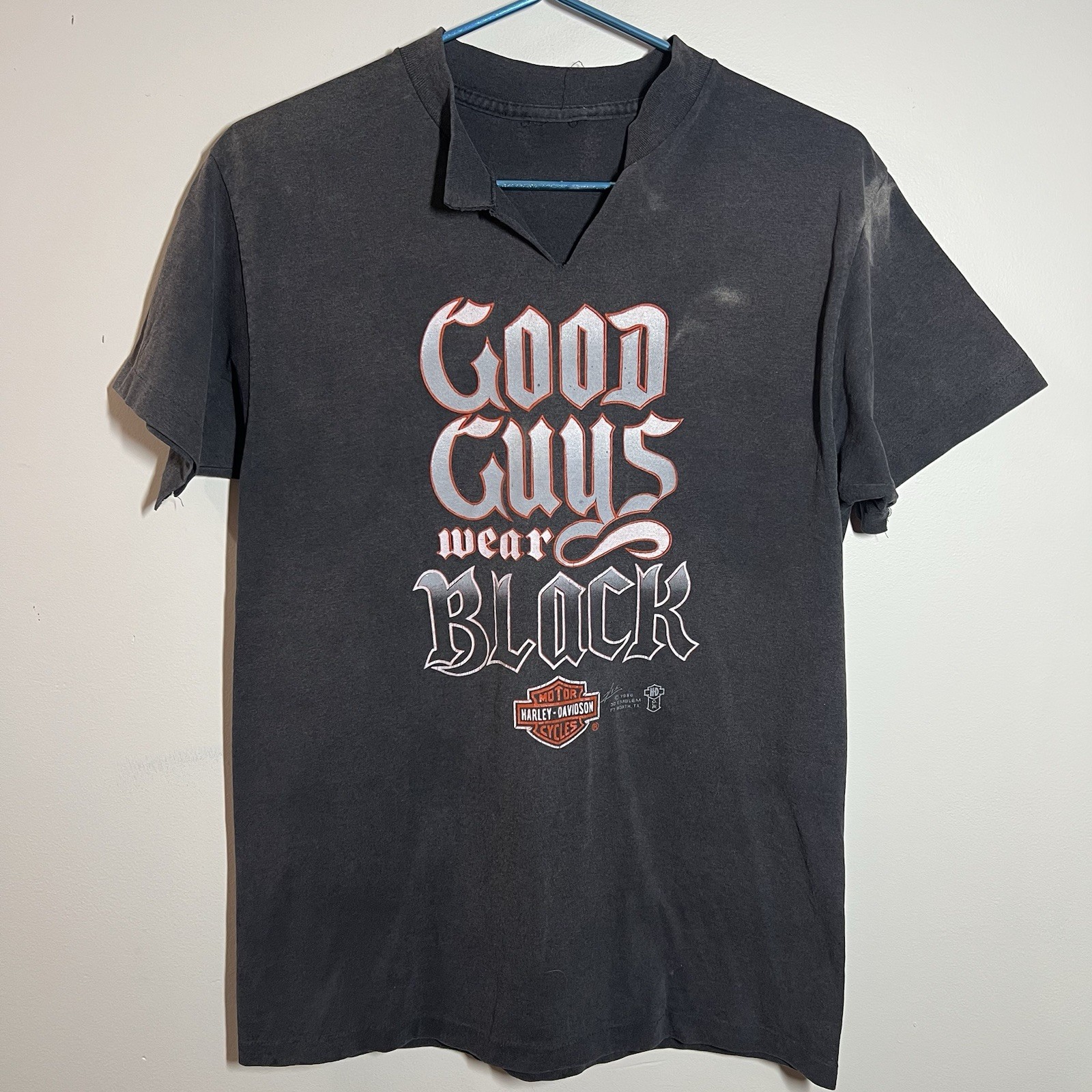 VTG 1986 Harley Davidson 3D Emblem Good Guys Wear Black Single Stitch Shirt TX