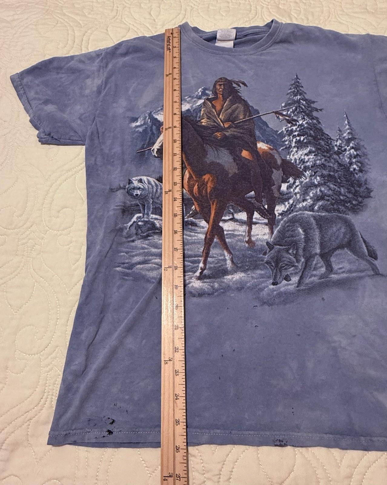 Native American Wolf Vintage Men’s Shirt Back To Earth Tie Dye Blue1990s *READ