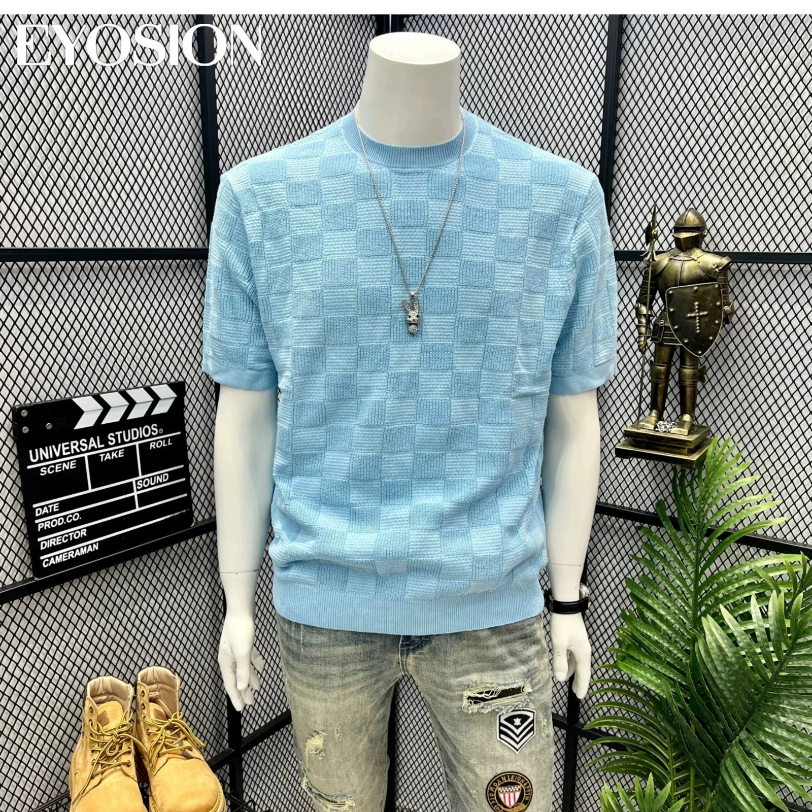 Men Knit Sweater Crewneck T-Shirt Plaid Checkered Casual Short Sleeve Tee Top
