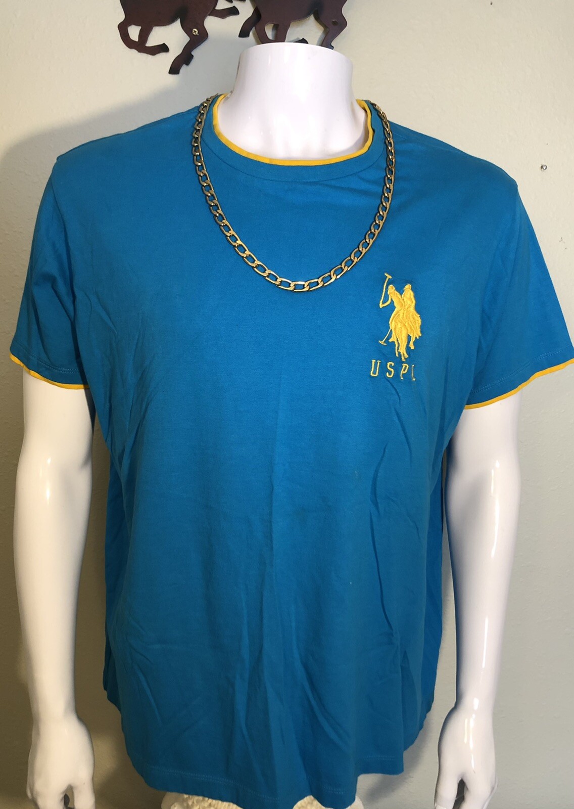 USPA US POLO Blue Yellow Crew Neck Short Sleeve T-Shirt Men&rsquo;s Large L