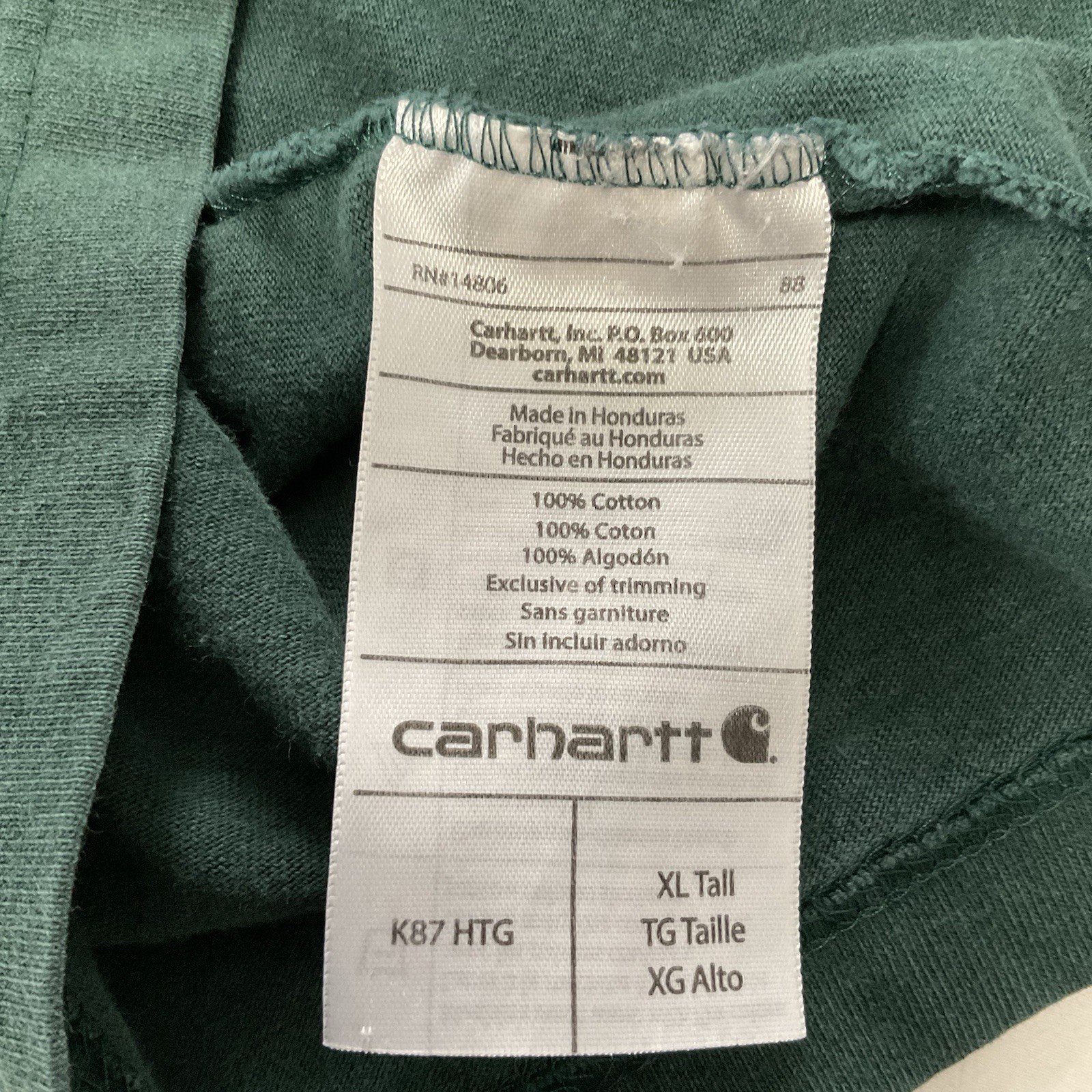 Carhartt K87 Pocket T Shirt XL Tall Green Original Fit Heavyweight USA Work