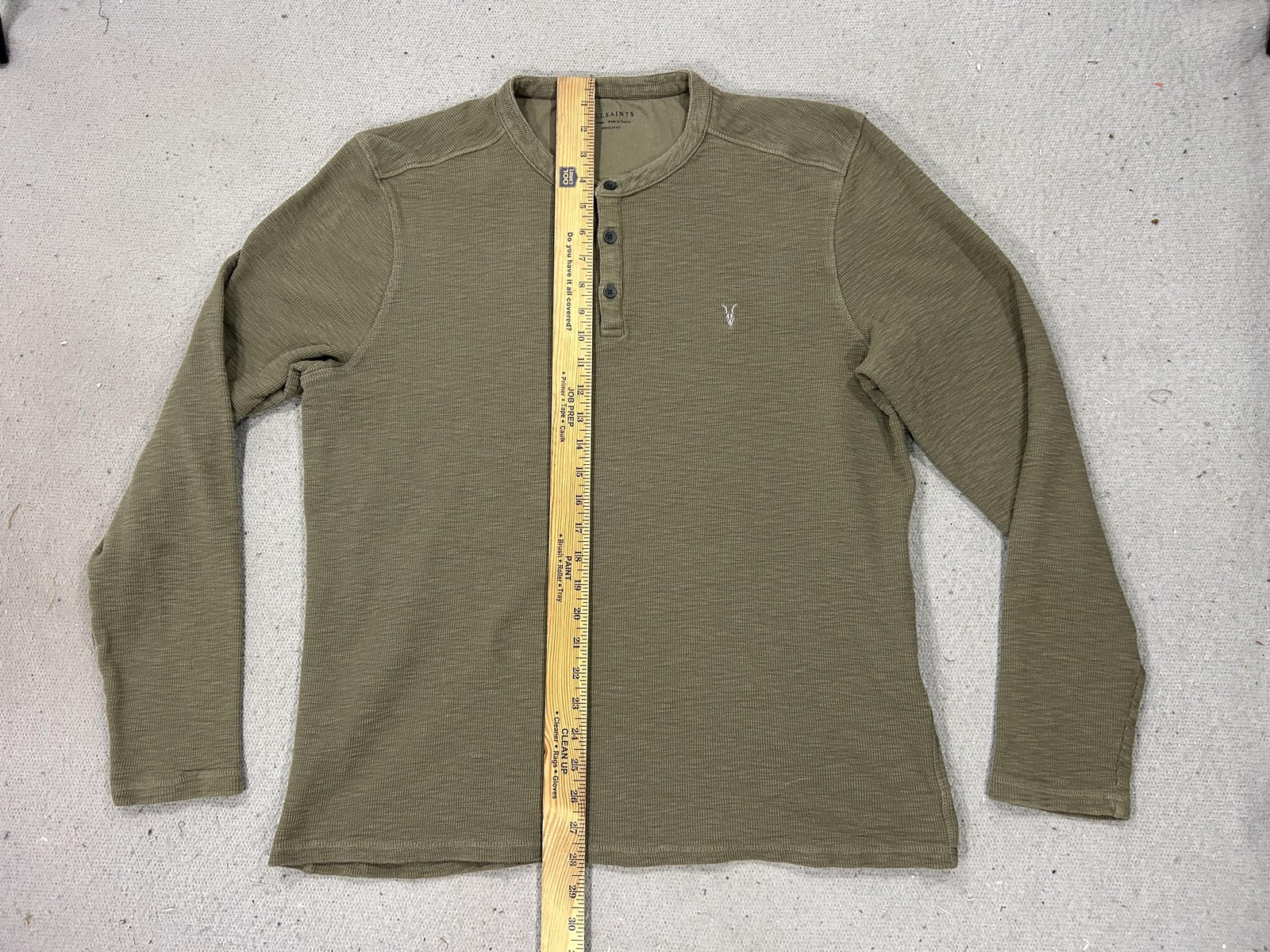 AllSaints Henley Shirt Mens XL Green Waffle Knit Long Sleeve Regular Fit