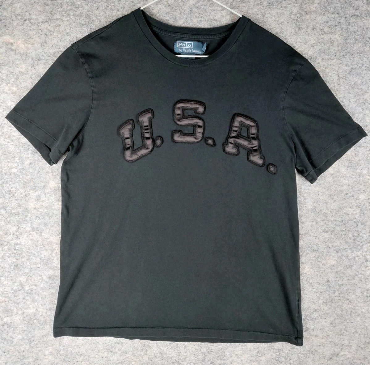 VTG 90s POLO Ralph Lauren Shirt USA SPELLOUT 3D Black Mens L Distressed 20×26.5