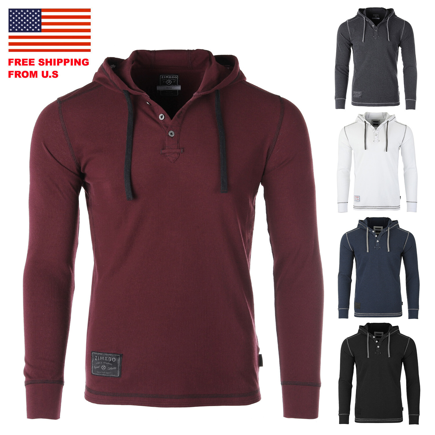 ZIMEGO Mens Vintage Dyed Thermal Long Sleeve Lightweight Fashion Hooded Henley