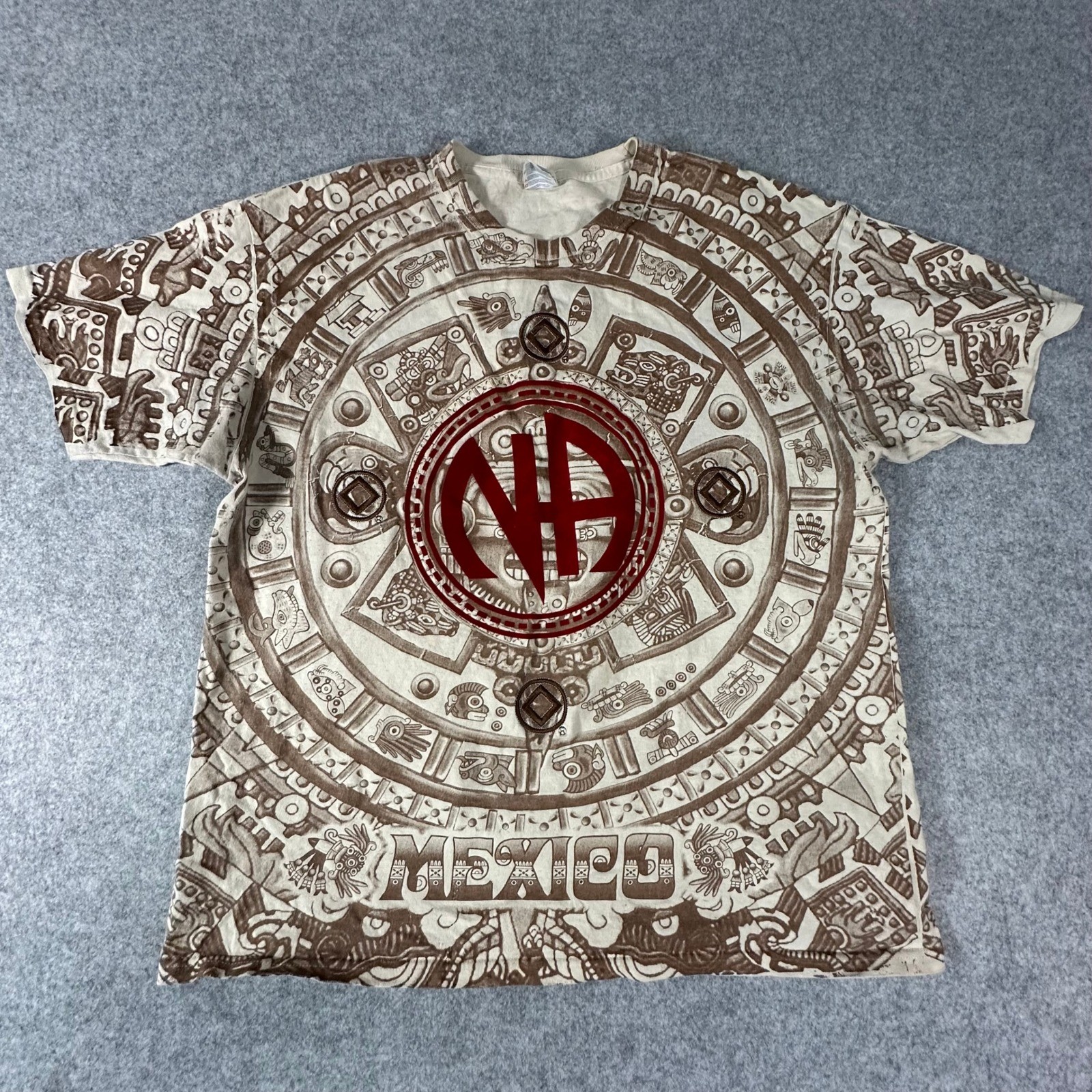 Vtg Narcotics Anonymous Yazbek Shirt Mens XL Tan Sober Mexico Mayan Sun Stone