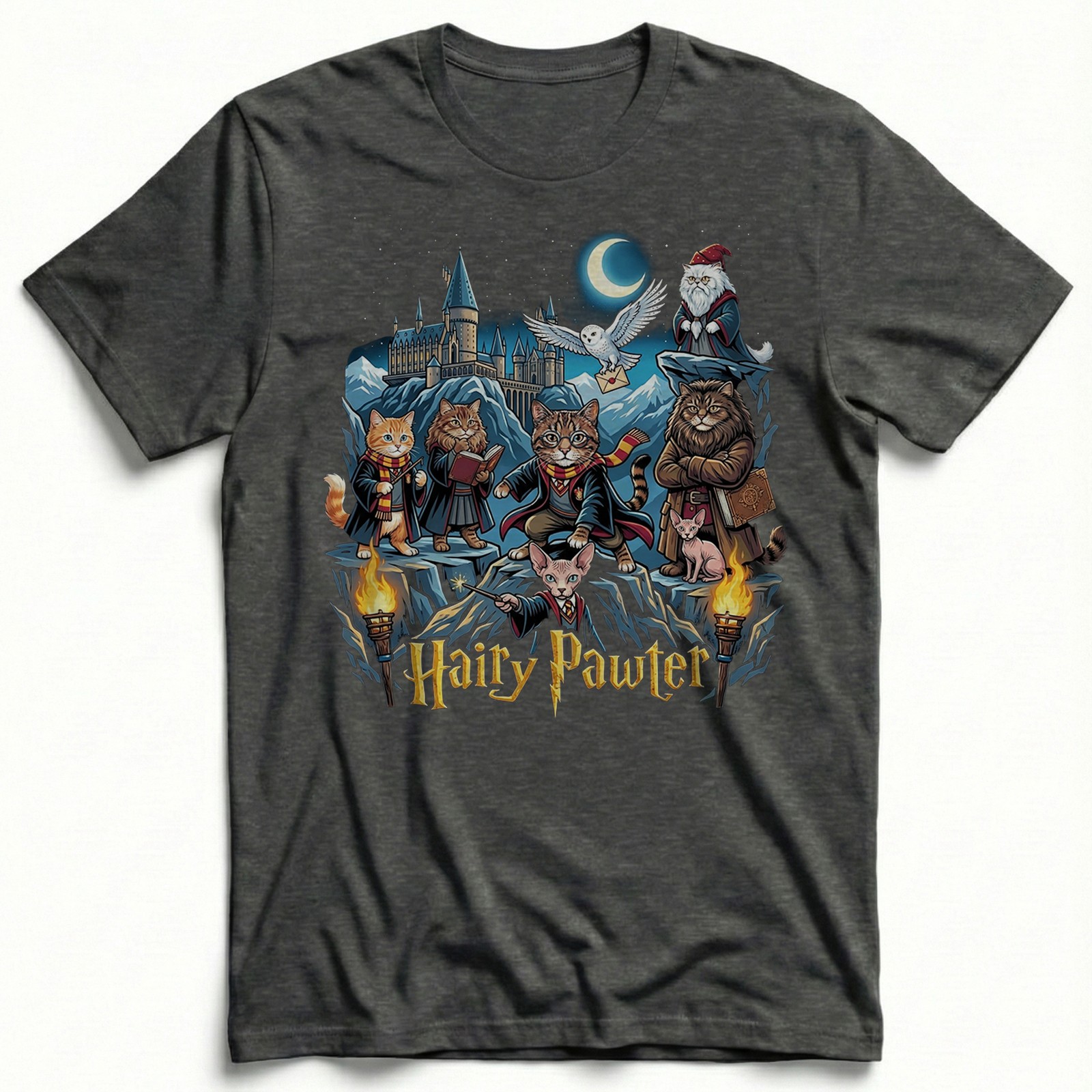 Hairy Pawter Wizard Magic Cat t-shirt Hogwarts Castle Kitten Owl Fantasy tee