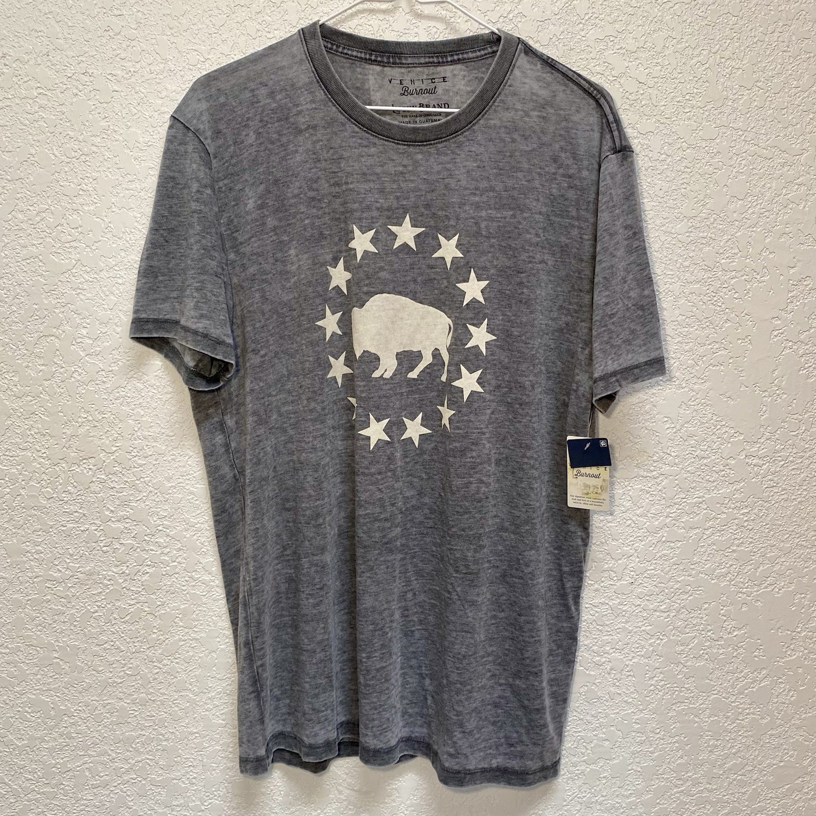 Lucky Brand T-Shirt Men’s L Jet Black (Gray) Buffalo Stars Venice Burnout Tee SS