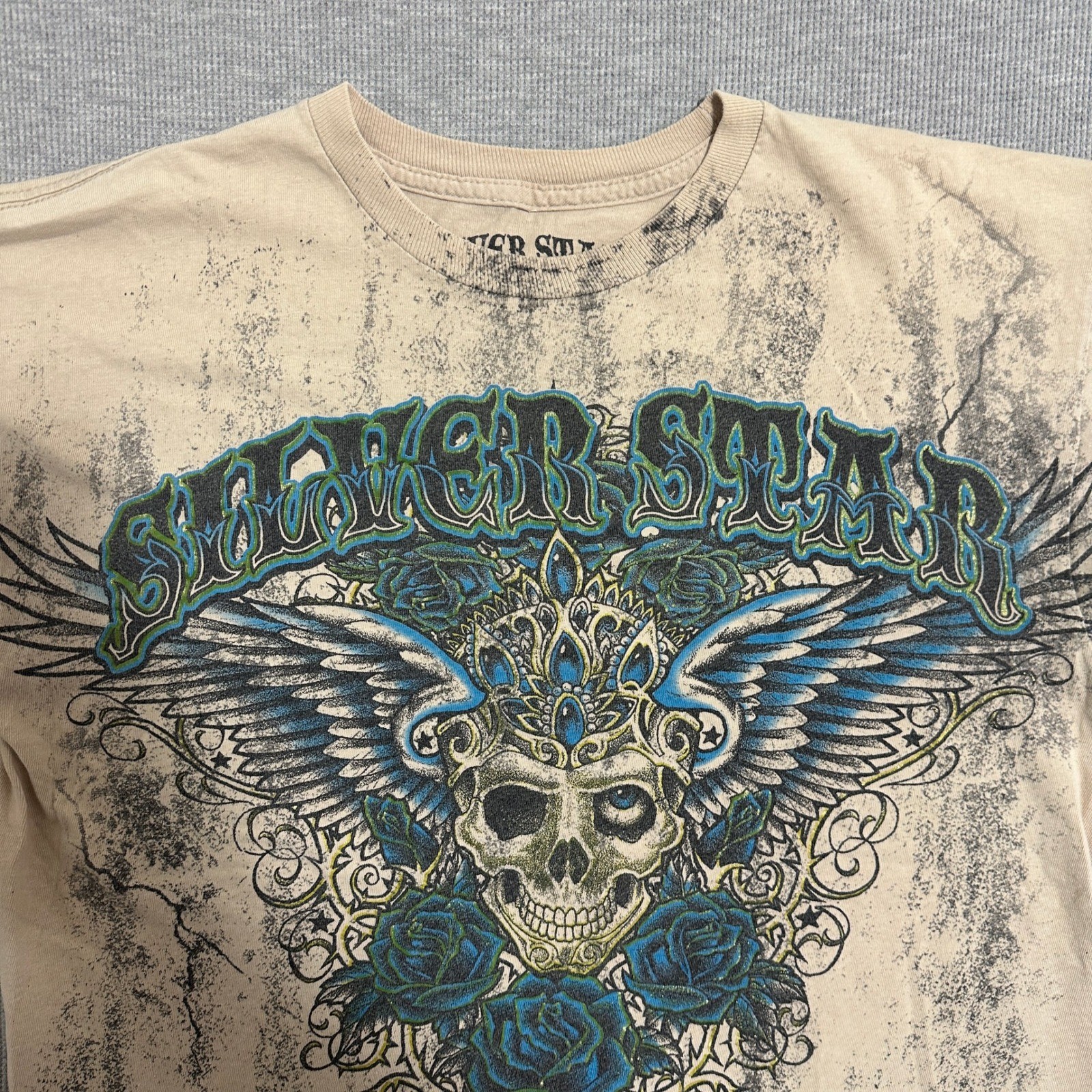 Silver Star Casting Co Graphic T-Shirt Skull Wings Roses Tan Mens Size Medium