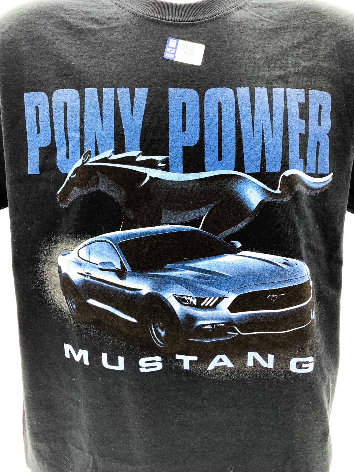 Ford Mustang T-Shirt – Black w/ Blue « Pony Power » Script & Running Pony Logo
