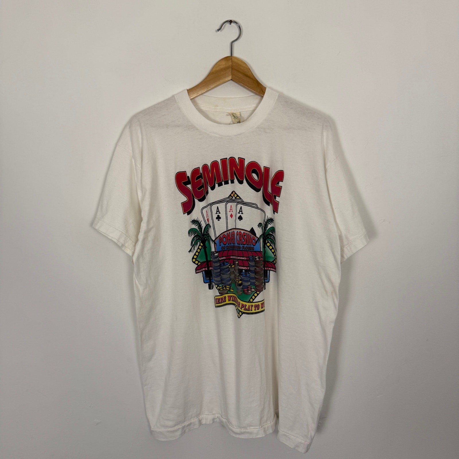 Vintage 80s Seminole Hard Rock Casino Poker Tee Shirt Single Stitch XL White